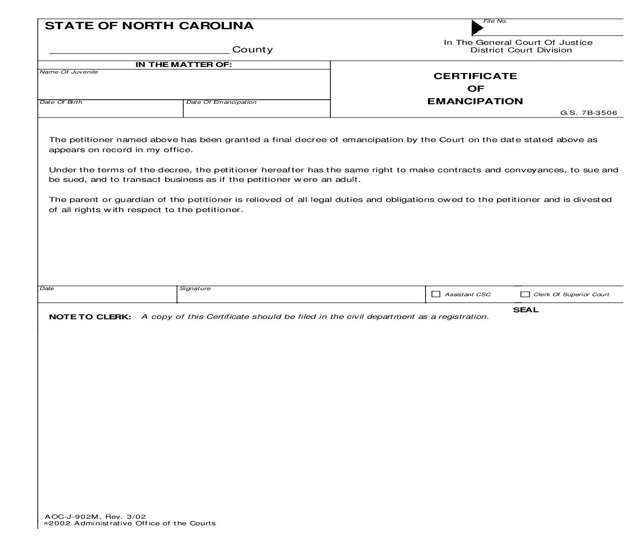 Certificate Of Emancipation {J-902M} | Pdf Fpdf Doc Docx | North Carolina
