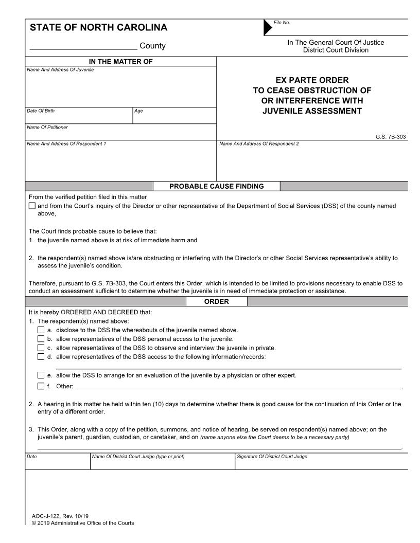 Ex Parte Order To Cease Obstruction Of Or Interference With Juvenile Investigation {J-122} | Pdf Fpdf Doc Docx | North Carolina