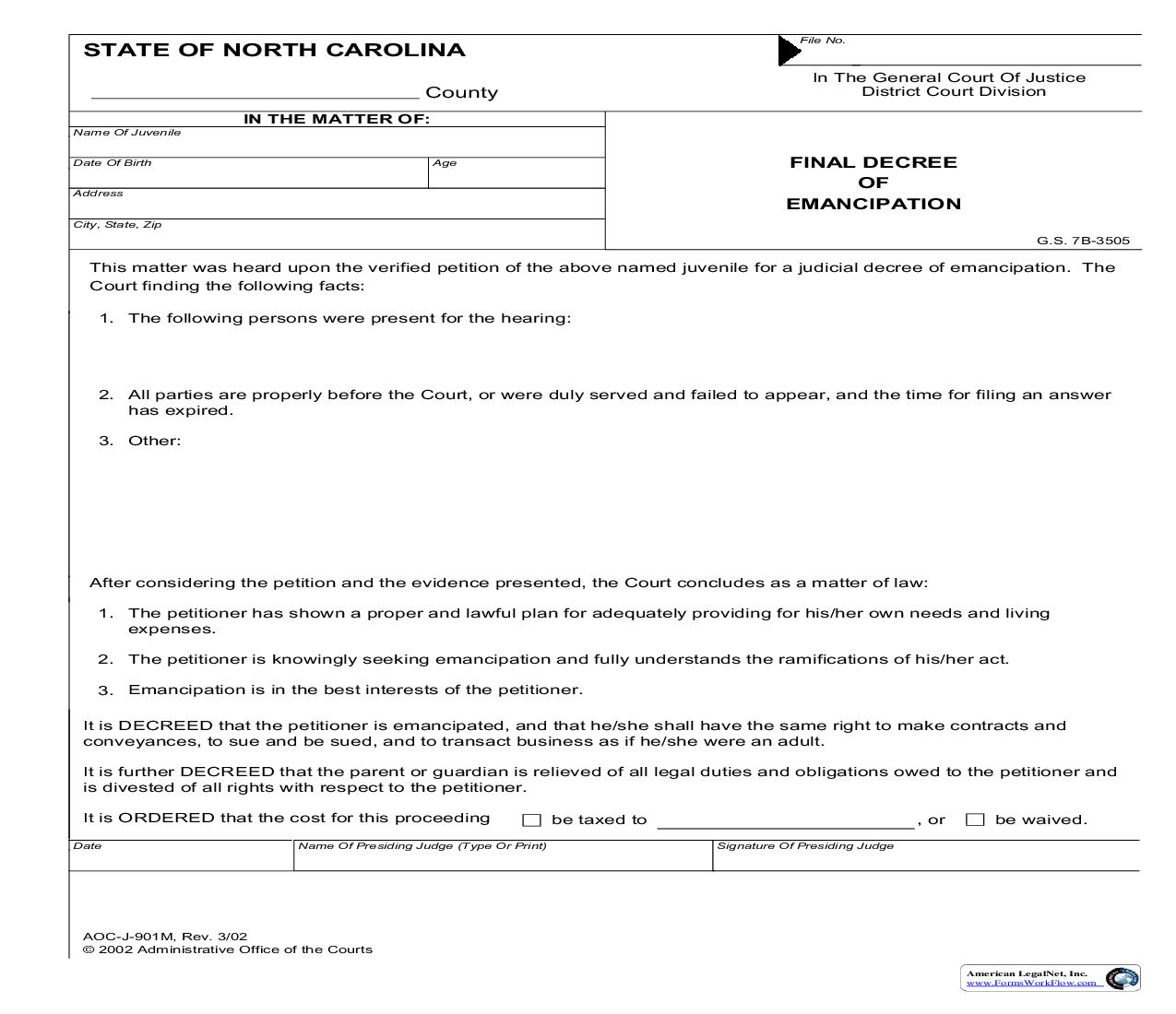 Final Decree Of Emancipation {J-901M} | Pdf Fpdf Doc Docx | North Carolina