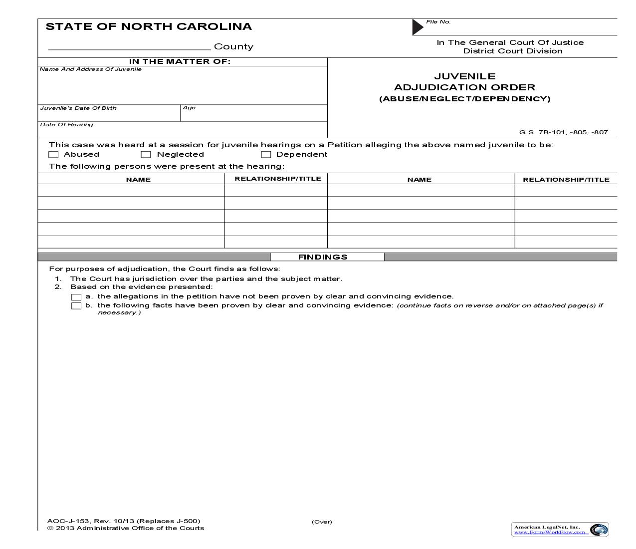 Juvenile Adjudication Order Abuse Neglect Dependency {J-153} | Pdf Fpdf Doc Docx | North Carolina