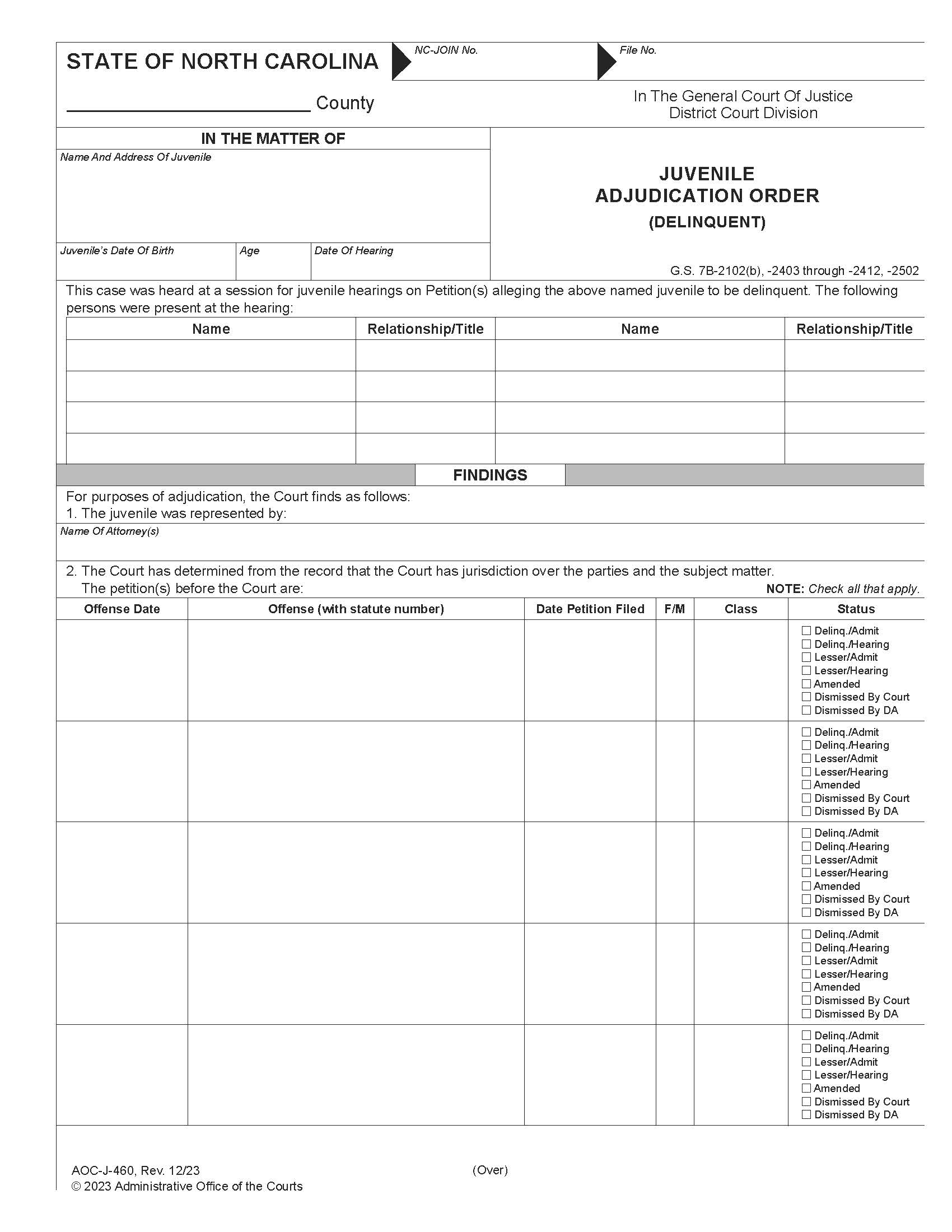 Juvenile Adjudication Order Delinquent {J-460} | Pdf Fpdf Docx | North Carolina