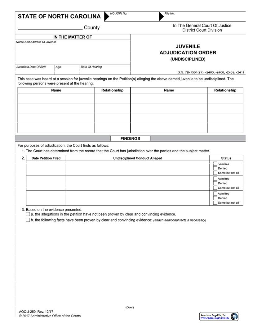 Juvenile Adjudication Order Undisciplined {J-250} | Pdf Fpdf Docx | North Carolina