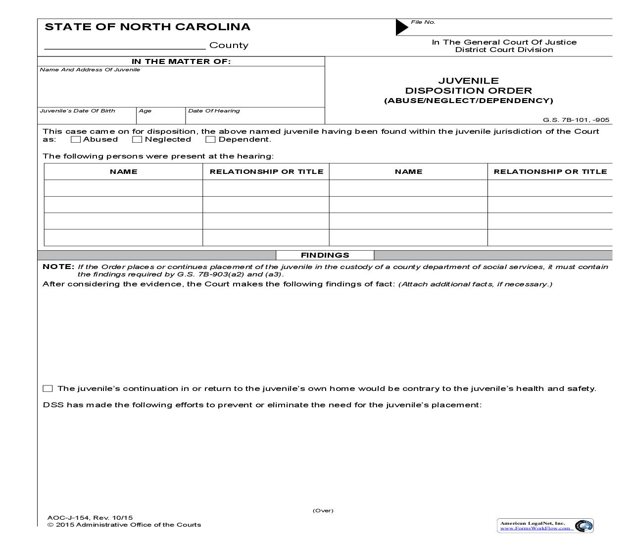 Juvenile Disposition Order Abuse Neglect Dependency {J-154} | Pdf Fpdf Doc Docx | North Carolina