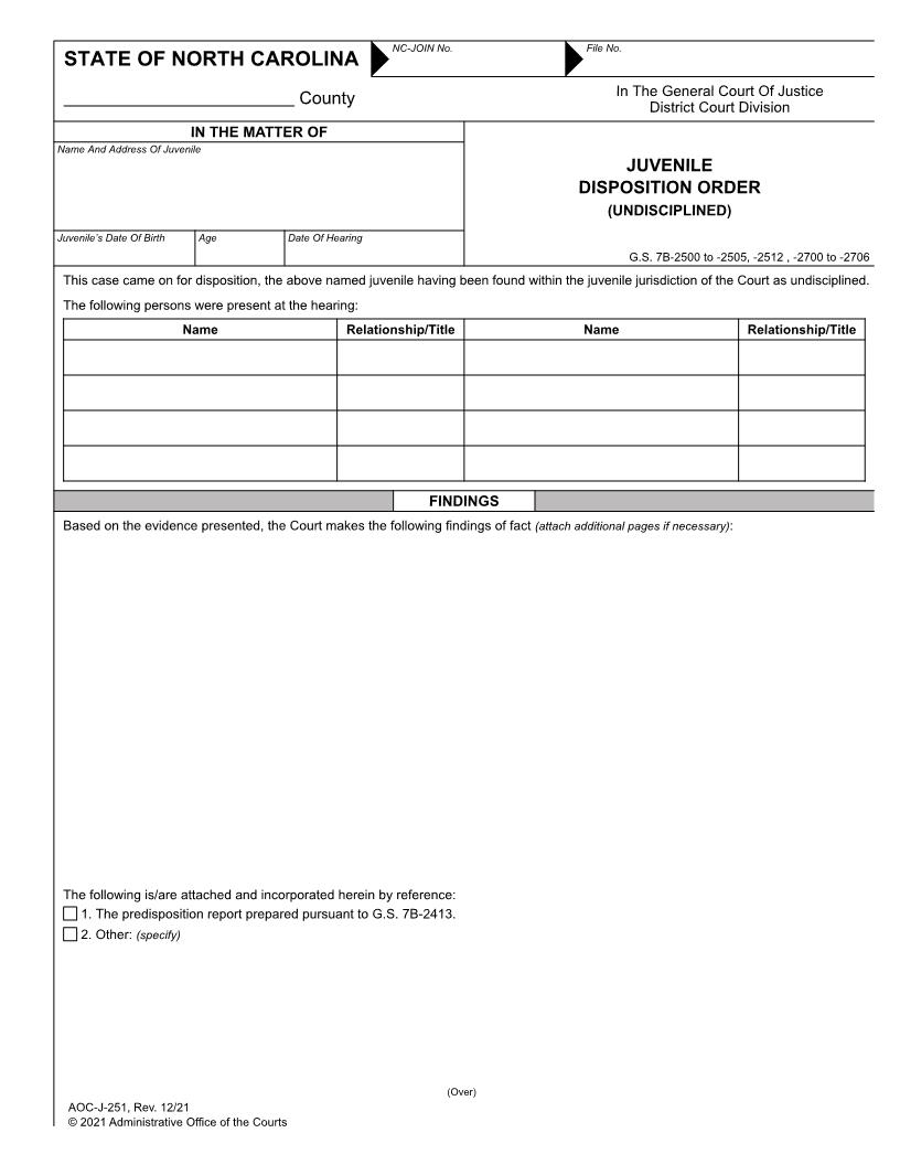 Juvenile Disposition Order Undisciplined {J-251} | Pdf Fpdf Docx | North Carolina