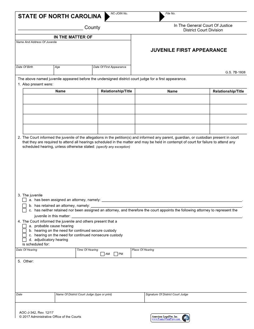 Juvenile First Appearance {J-342} | Pdf Fpdf Docx | North Carolina
