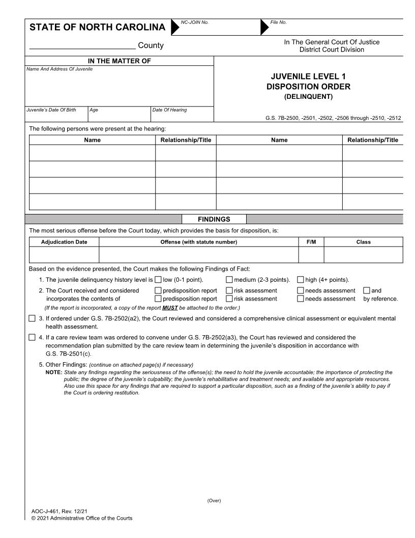 Juvenile Level 1 Disposition Order (Delinquent) {J-461} | Pdf Fpdf Docx | North Carolina