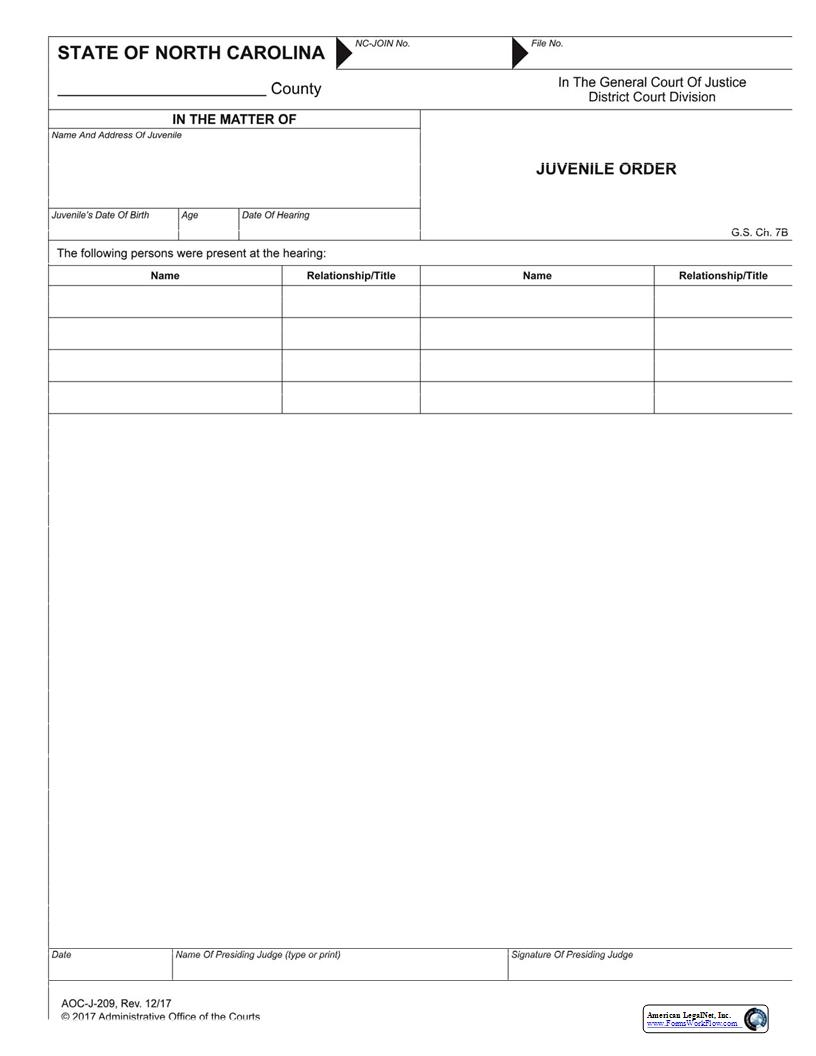 Juvenile Order {J-209} | Pdf Fpdf Docx | North Carolina