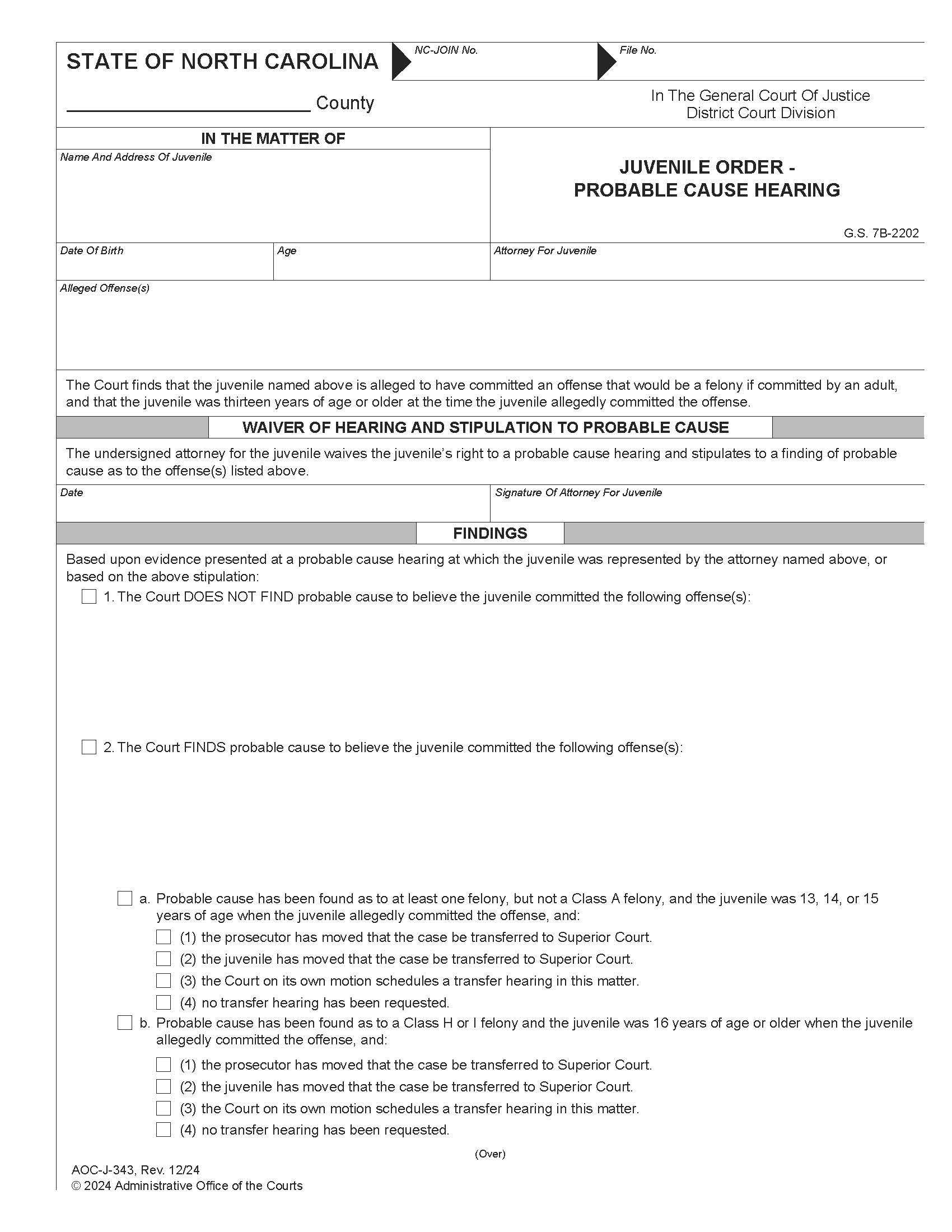 Juvenile Order Probable Cause Hearing {J-343} | Pdf Fpdf Docx | North Carolina
