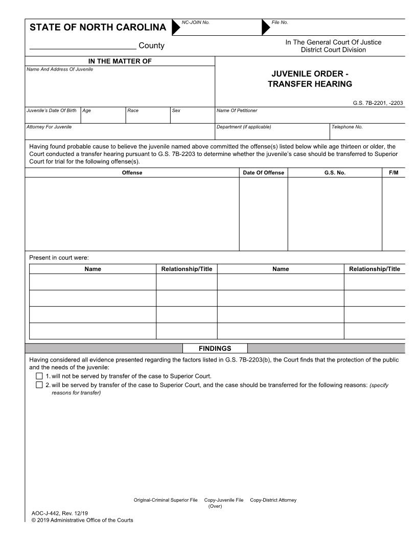 Juvenile Order Transfer Hearing {J-442} | Pdf Fpdf Doc Docx | North Carolina