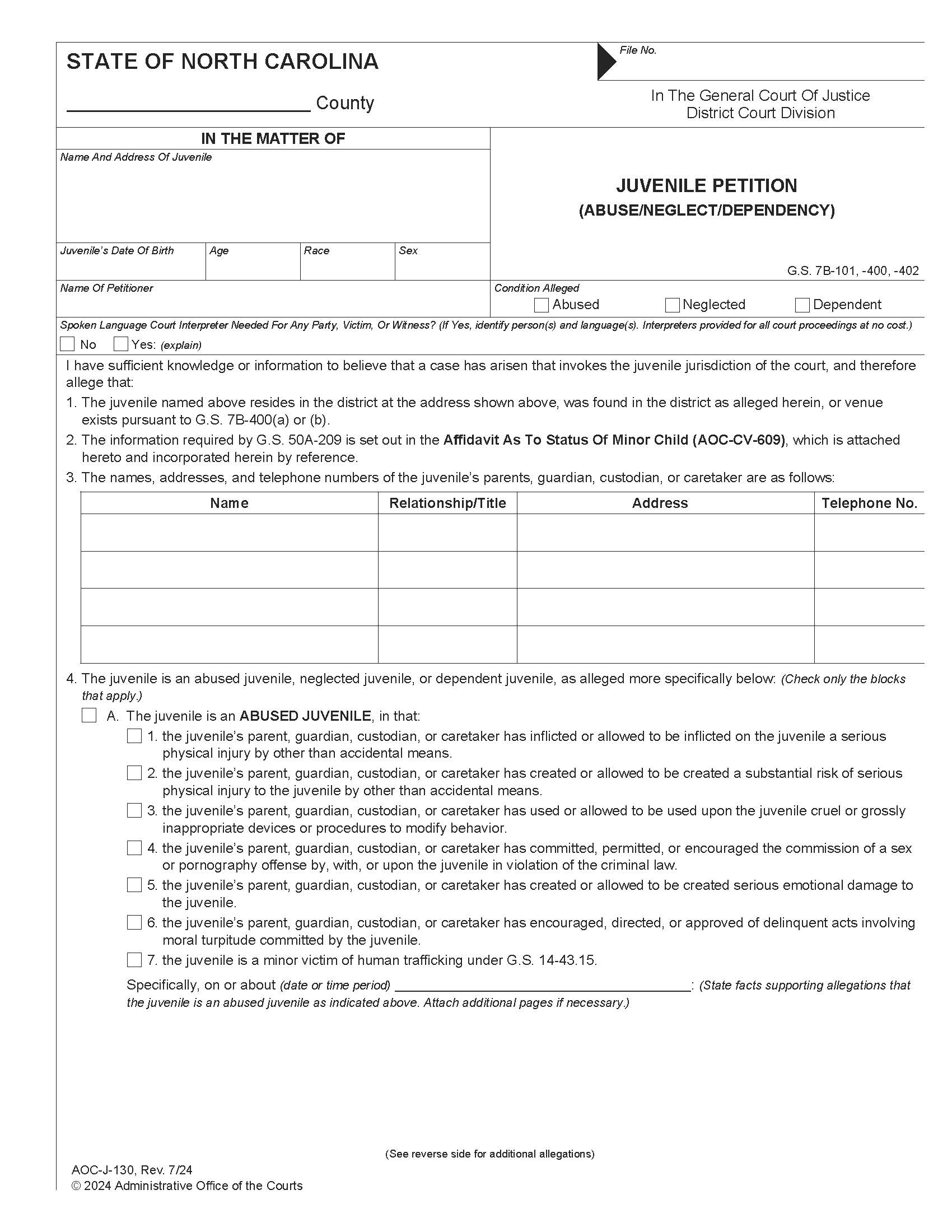 Juvenile Petition Abuse Neglect Dependency {J-130} | Pdf Fpdf Docx | North Carolina