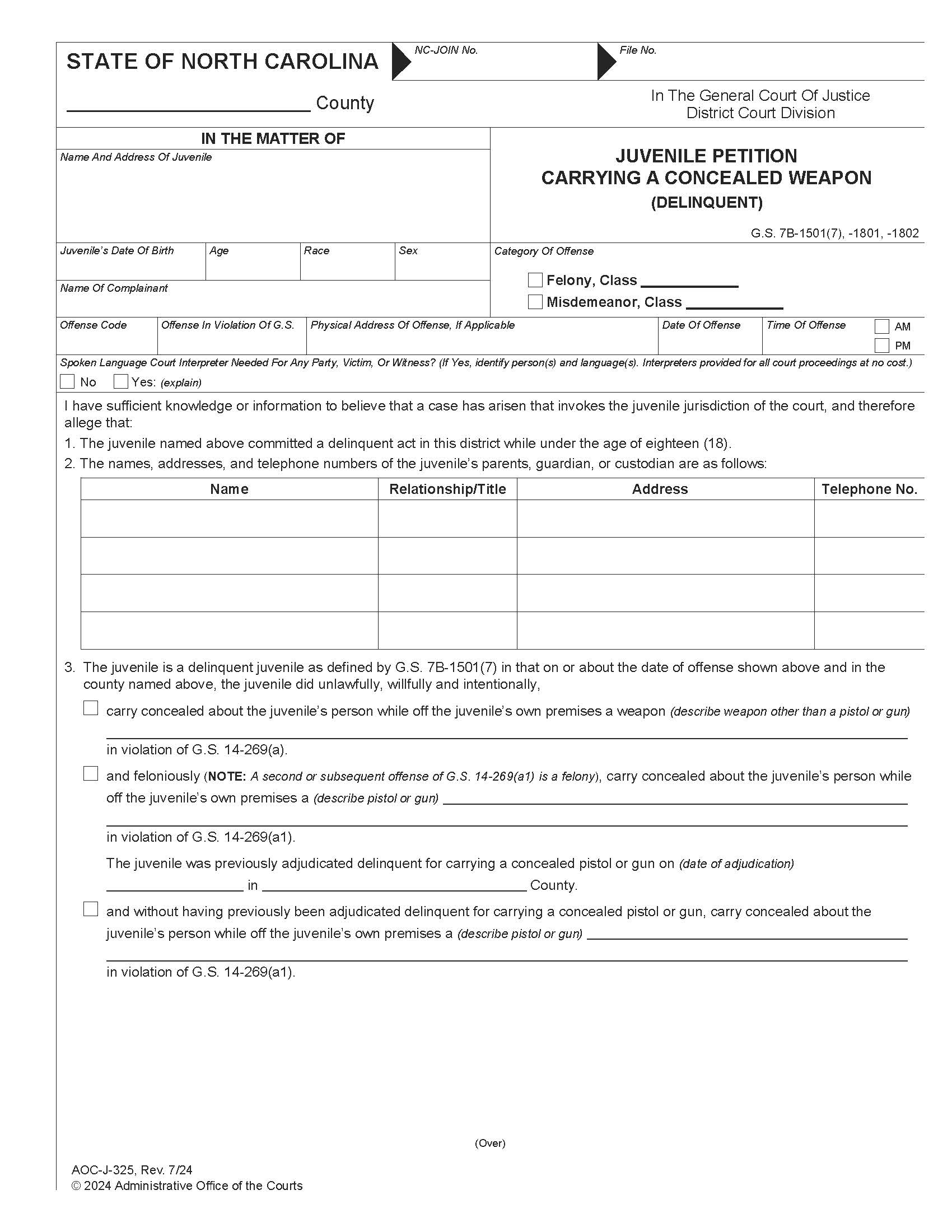 Juvenile Petition Carrying A Concealed Weapon Delinquent {J-325} | Pdf Fpdf Docx | North Carolina
