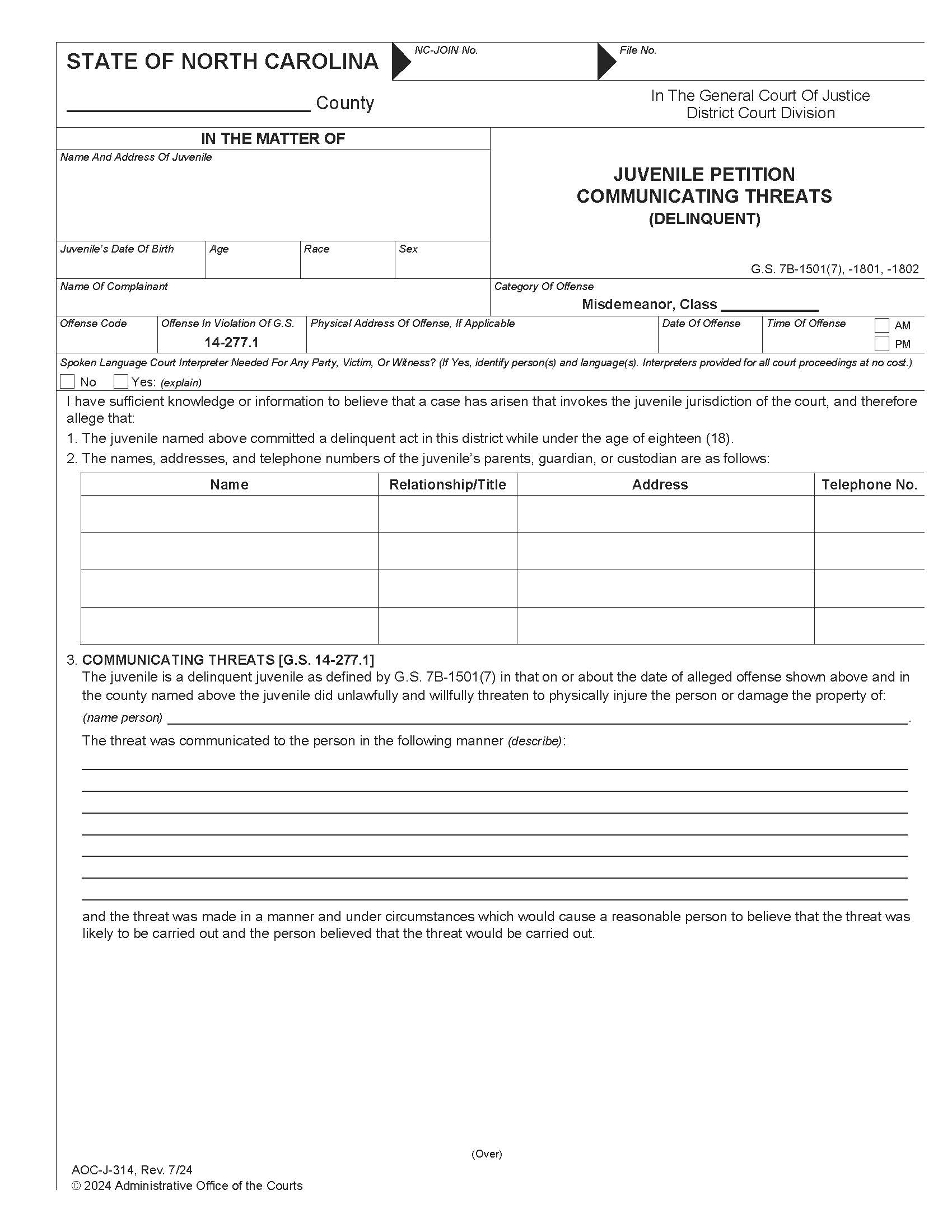 Juvenile Petition Communicating Threats Delinquent {J-314} | Pdf Fpdf Docx | North Carolina