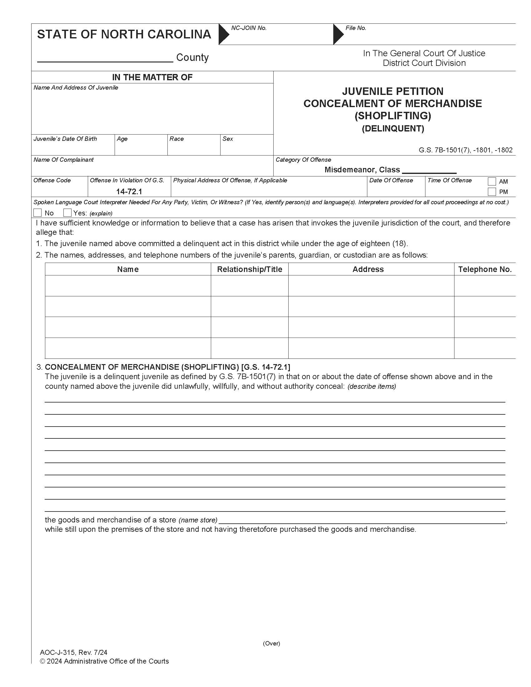 Juvenile Petition Concealment Of Merchandise Shoplifting Delinquent {J-315} | Pdf Fpdf Doc Docx | North Carolina