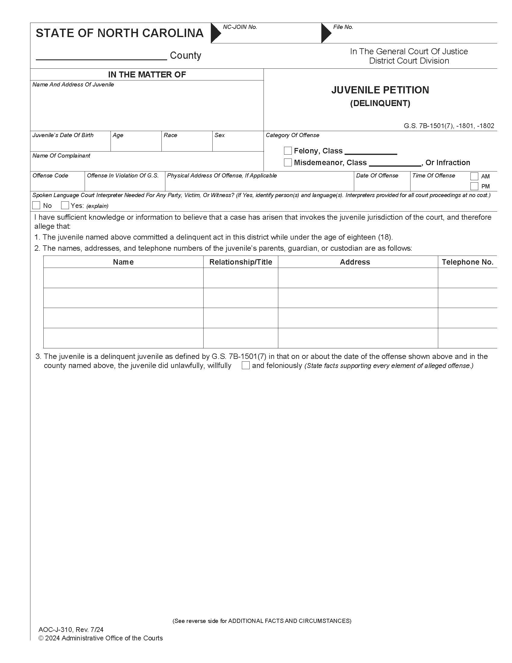 Juvenile Petition Delinquent {J-310} | Pdf Fpdf Docx | North Carolina
