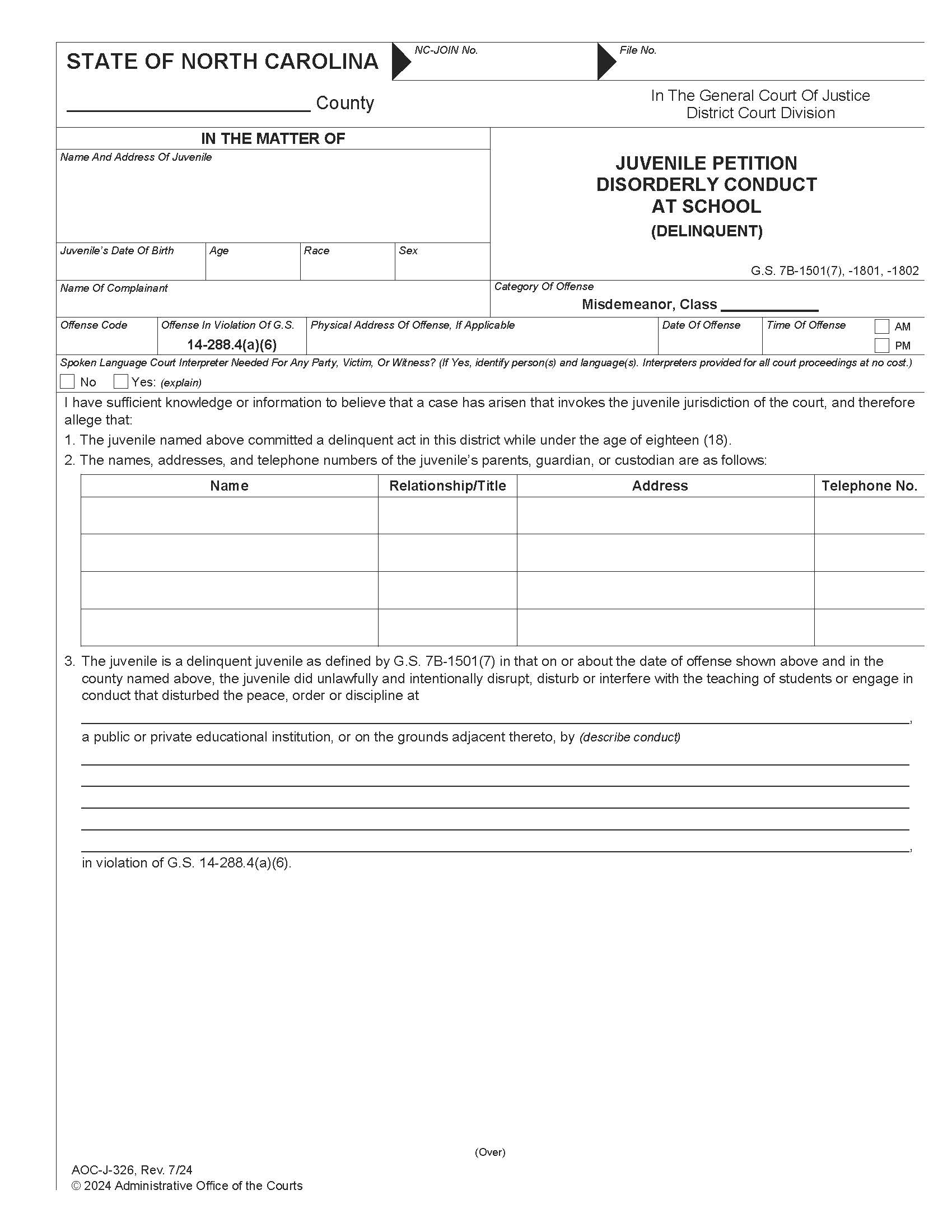 Juvenile Petition Disorderly Conduct At School Delinquent {J-326} | Pdf Fpdf Docx | North Carolina