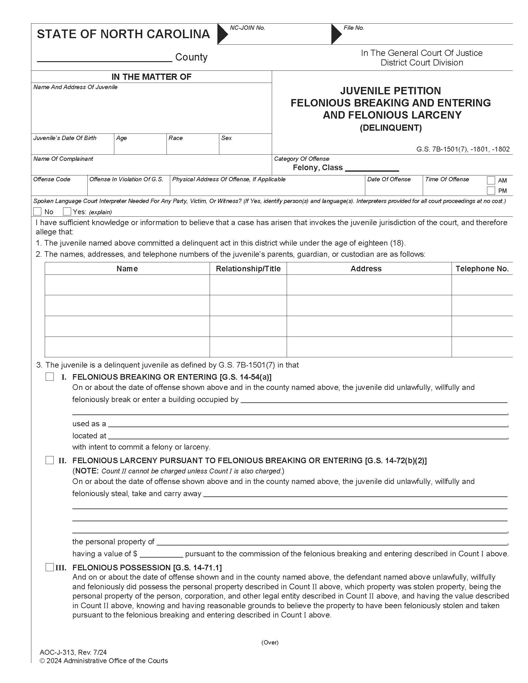 Juvenile Petition Felonious Breaking And Entering And Felonious Larceny Delinquent {J-313} | Pdf Fpdf Docx | North Carolina