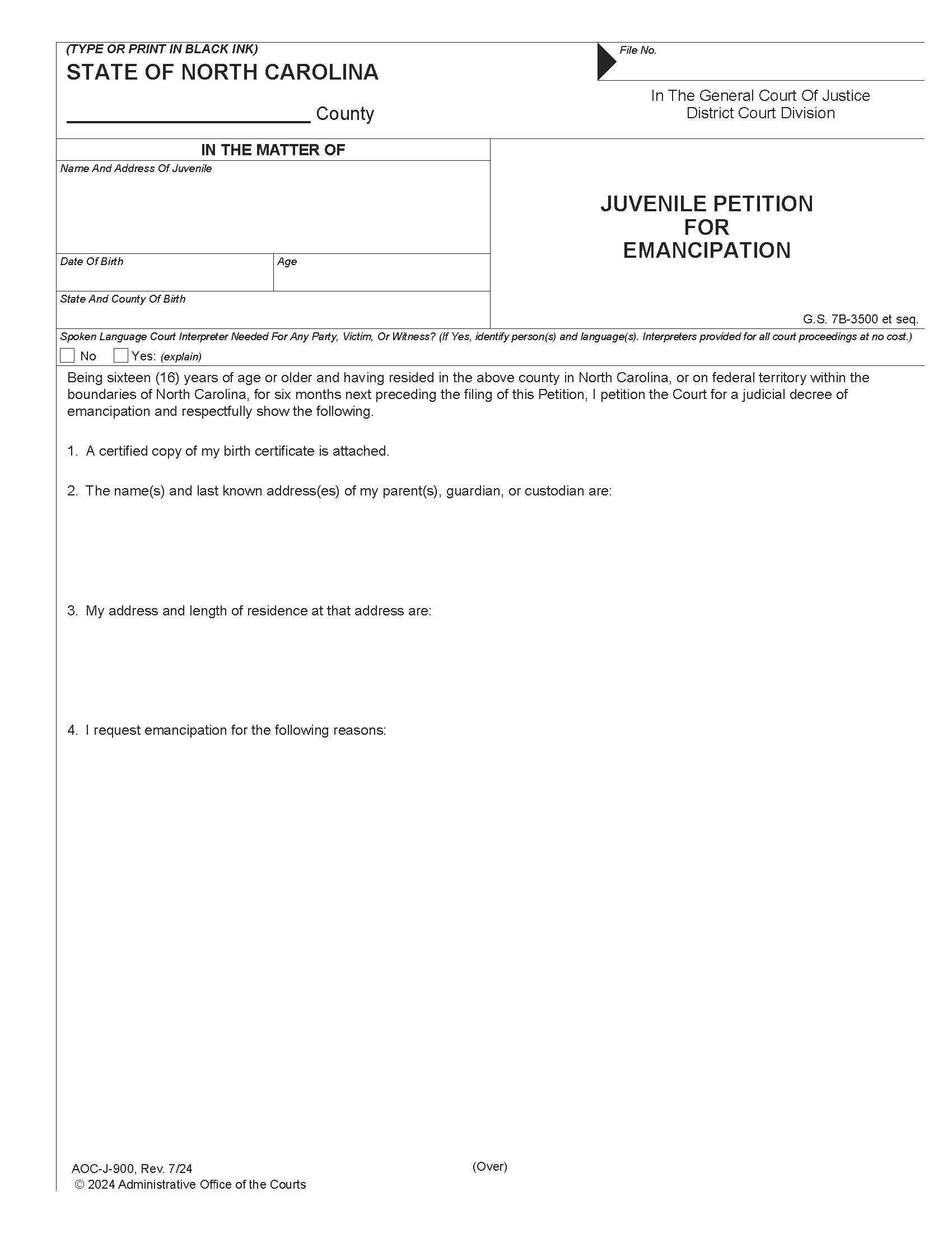 Juvenile Petition For Emancipation {J-900M} | Pdf Fpdf Doc Docx | North Carolina