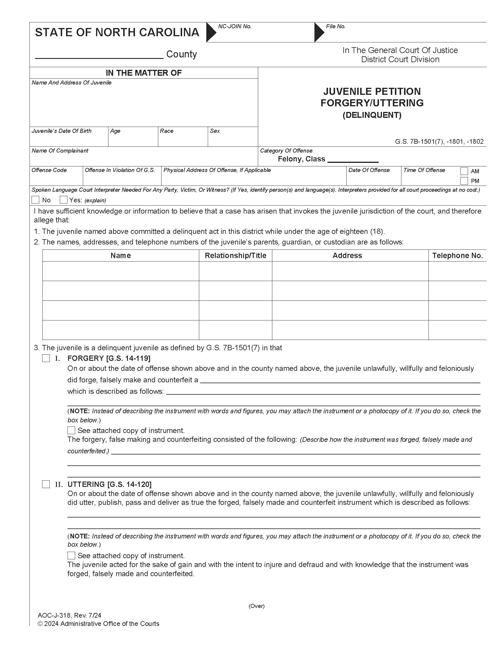 Juvenile Petition Forgery Uttering Delinquent {J-318} | Pdf Fpdf Docx | North Carolina