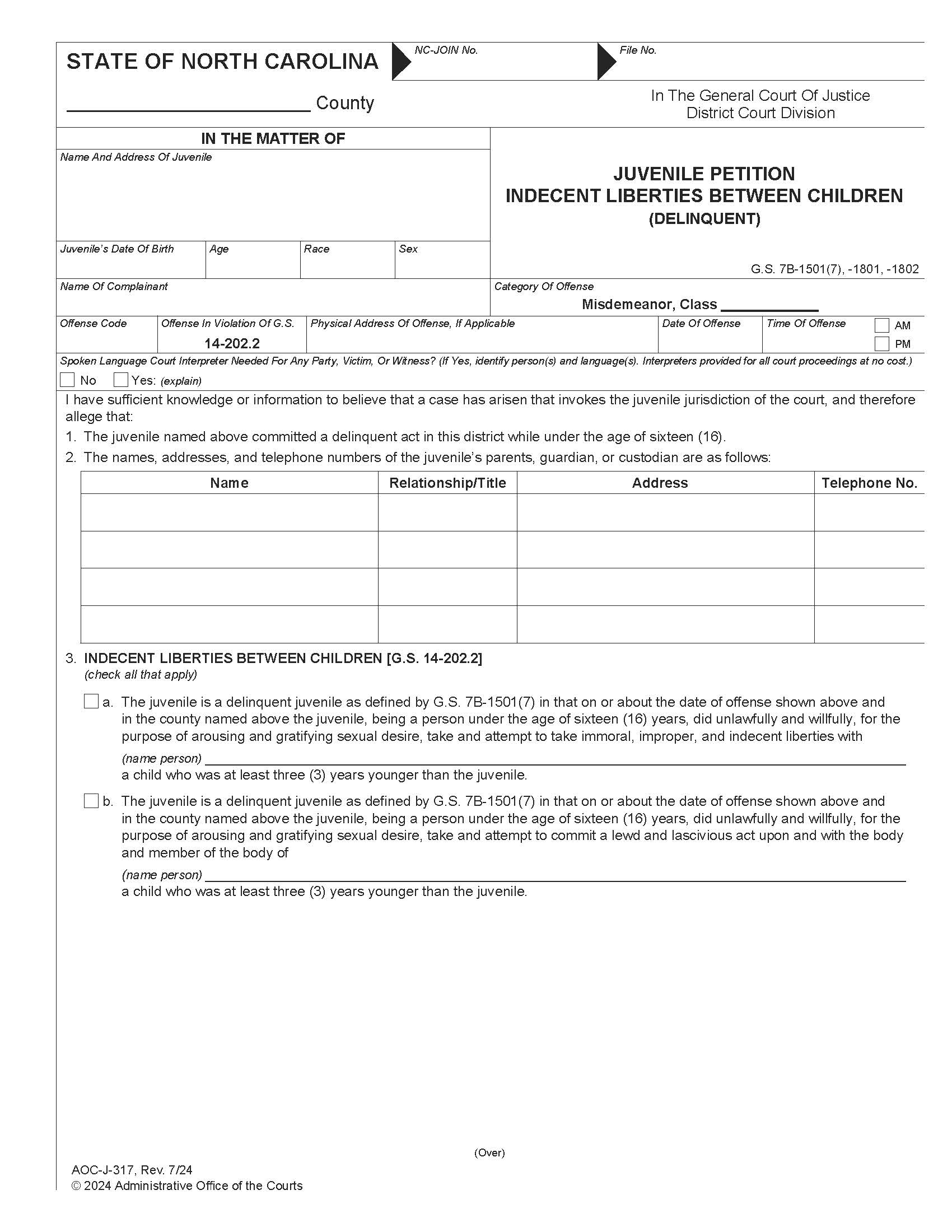 Juvenile Petition Indecent Liberties Between Children Delinquent {J-317} | Pdf Fpdf Docx | North Carolina