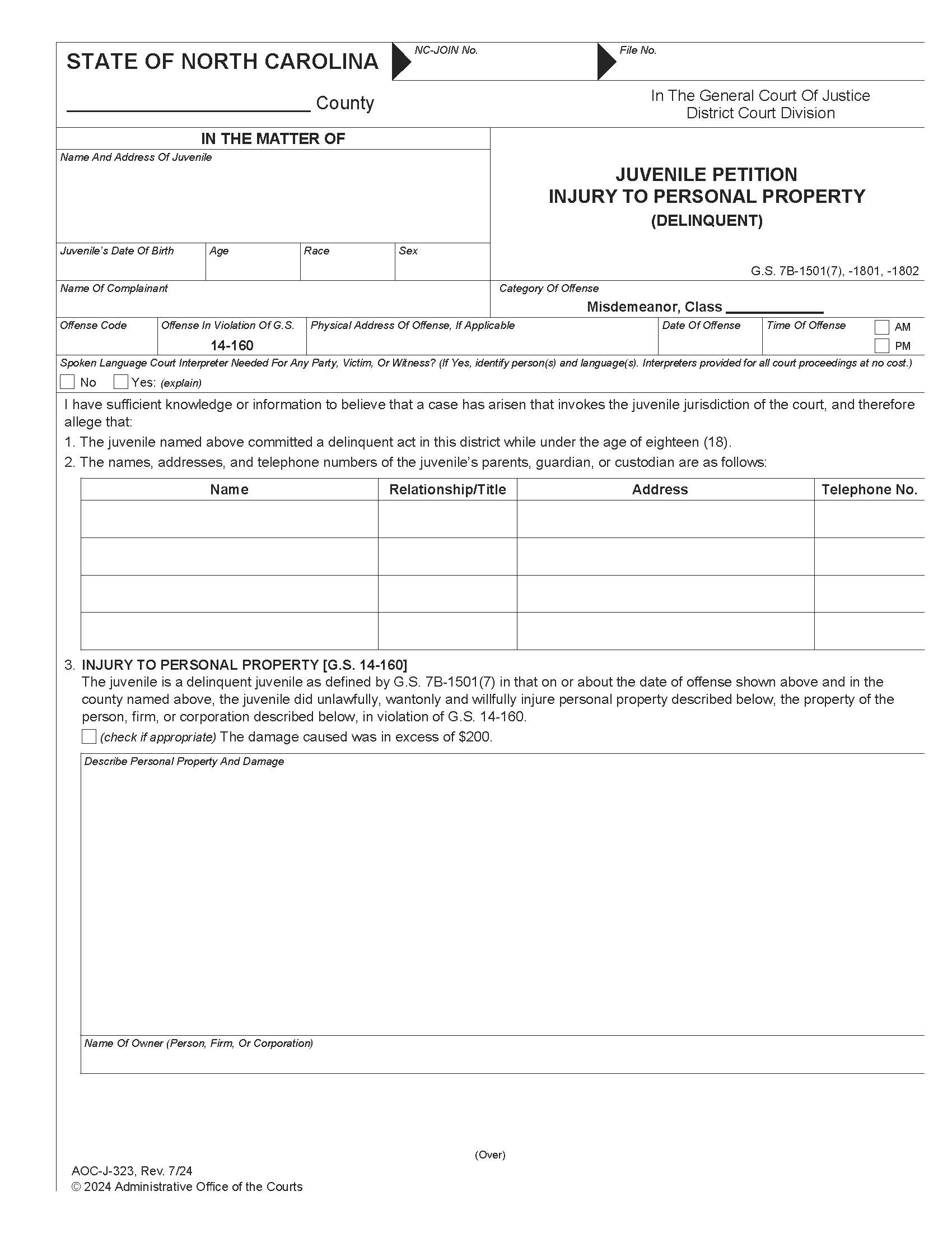 Juvenile Petition Injury To Personal Property Delinquent {J-323} | Pdf Fpdf Docx | North Carolina