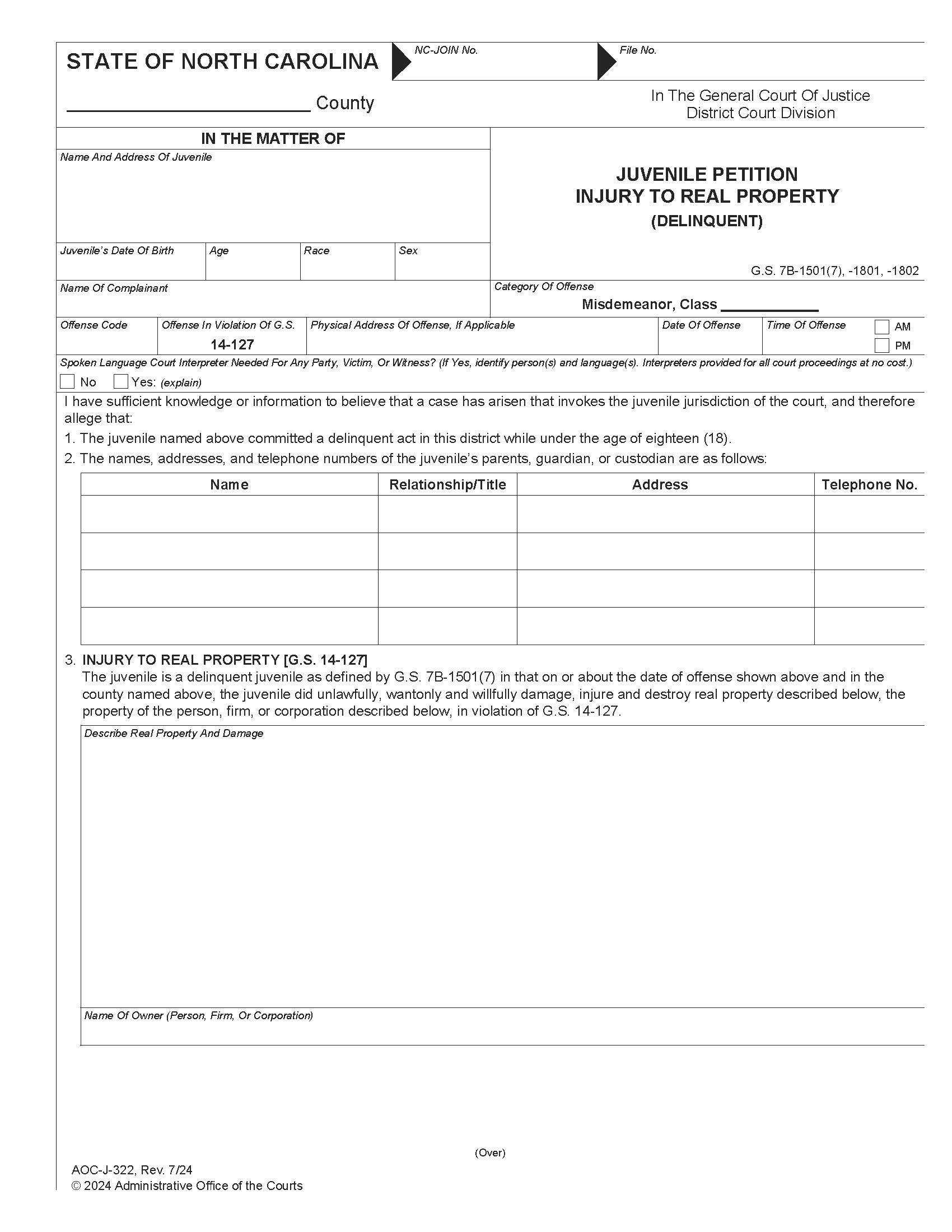 Juvenile Petition Injury To Real Property Delinquent {J-322} | Pdf Fpdf Docx | North Carolina