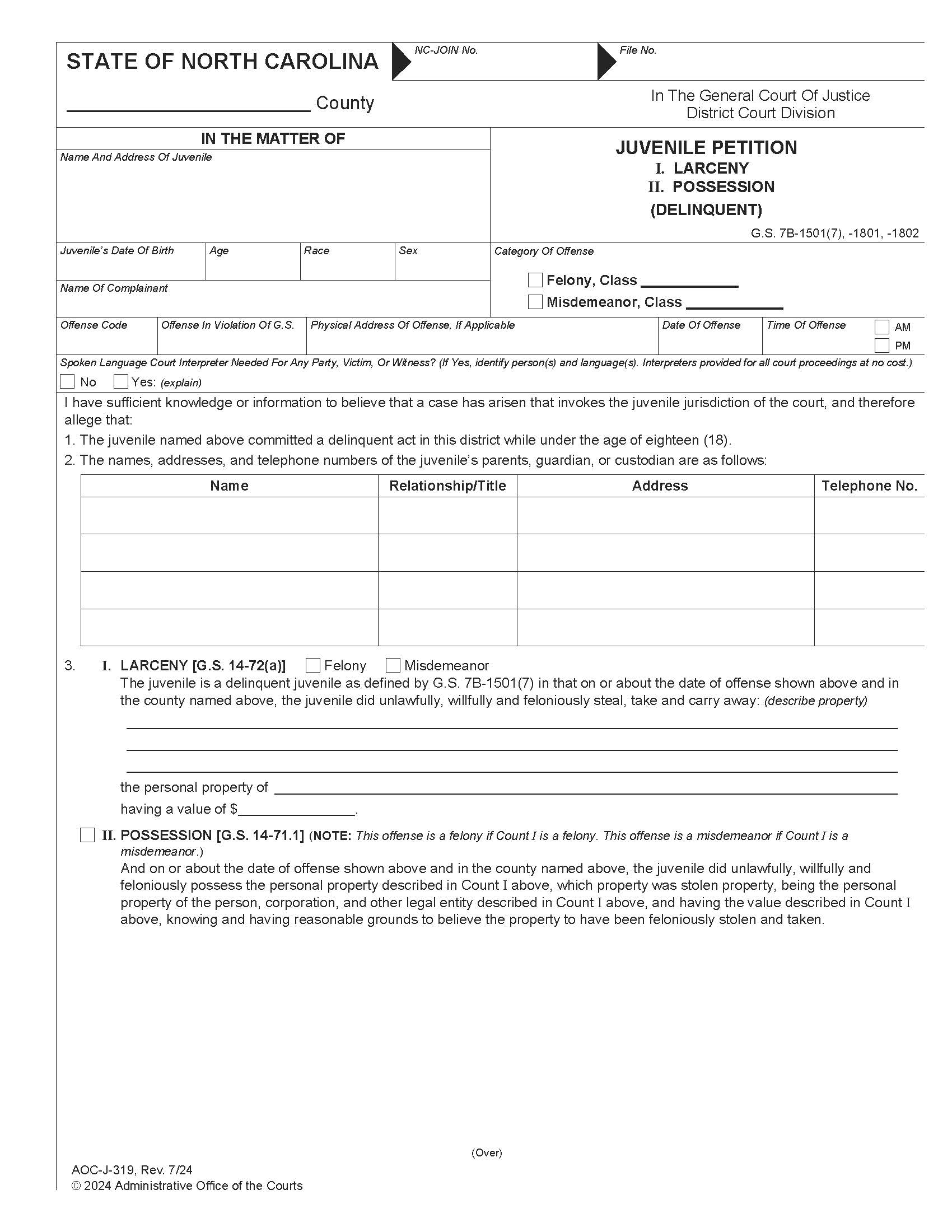 Juvenile Petition Larceny Possession Delinquent {J-319} | Pdf Fpdf Docx | North Carolina