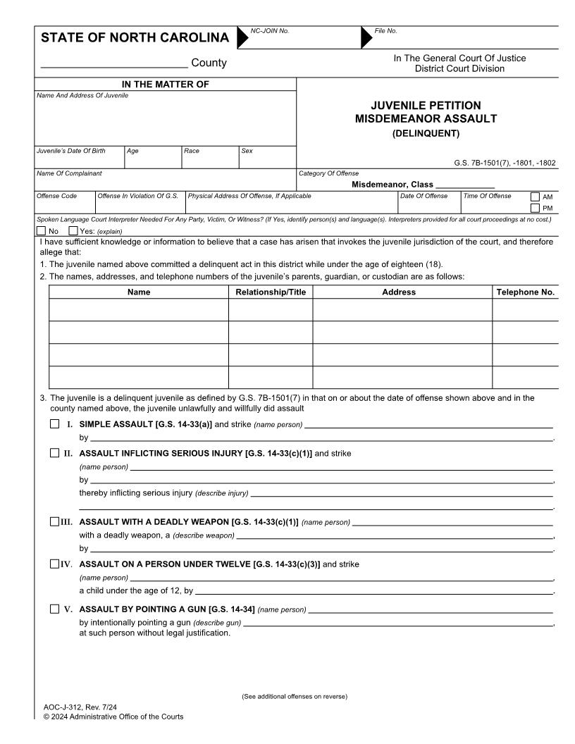 Juvenile Petition Misdemeanor Assault Delinquent {J-312} | Pdf Fpdf Docx | North Carolina