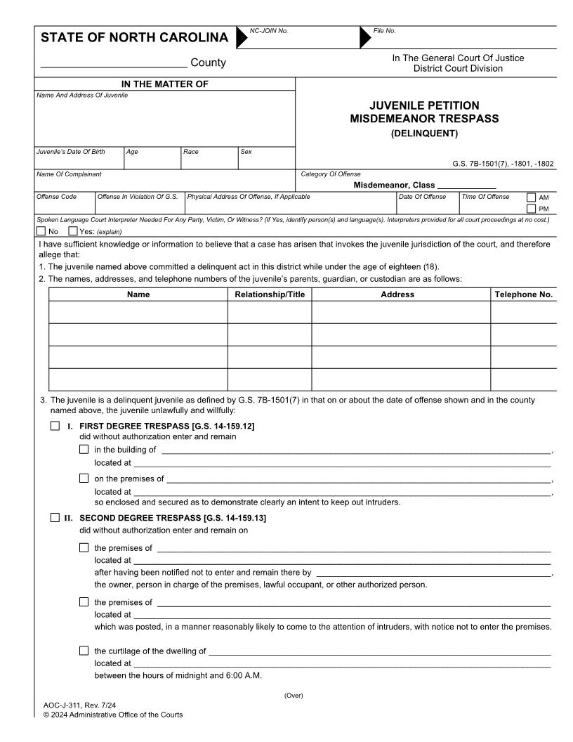 Juvenile Petition Misdemeanor Trespass Delinquent {J-311} | Pdf Fpdf Docx | North Carolina