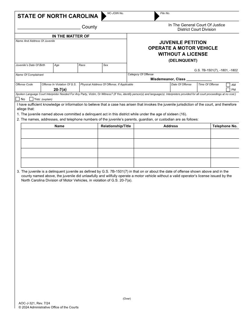 Juvenile Petition Operate A Motor Vehicle Without A License Delinquent {J-321} | Pdf Fpdf Docx | North Carolina