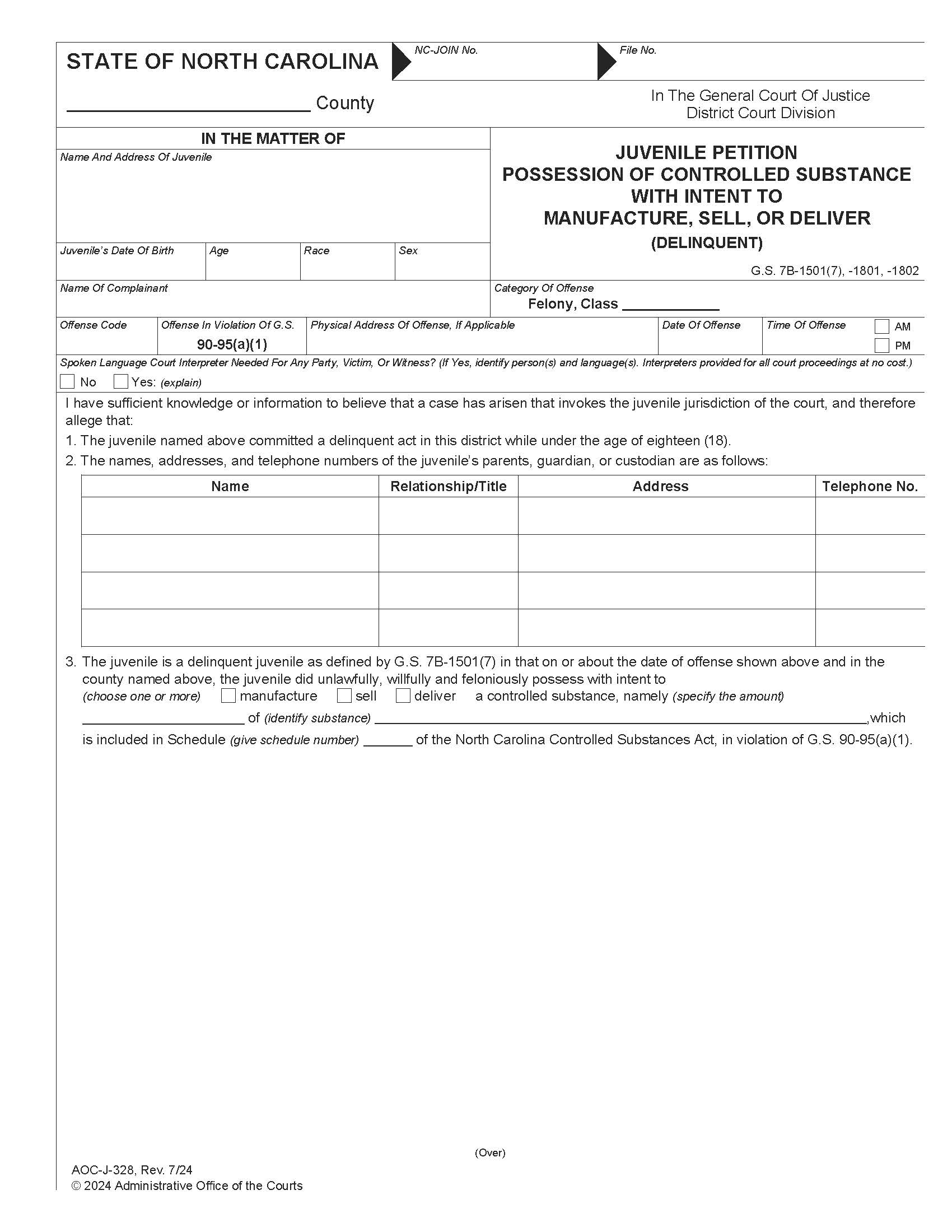 Juvenile Petition Possession Of Controlled Substance With Intent To Manufacture Sell Or Deliver Delinquent {J-328} | Pdf Fpdf Docx | North Carolina