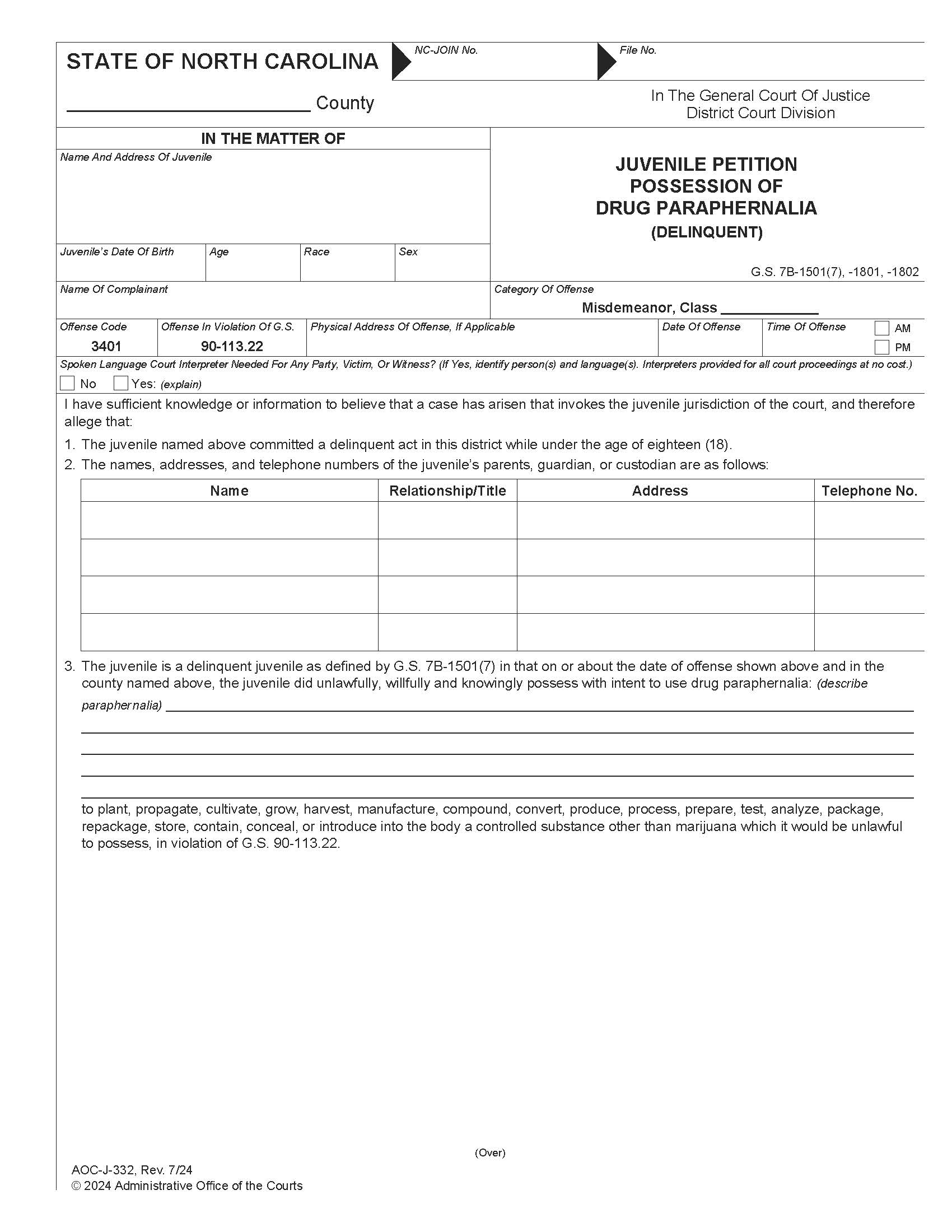 Juvenile Petition Possession Of Drug Paraphernalia Delinquent {J-332} | Pdf Fpdf Docx | North Carolina