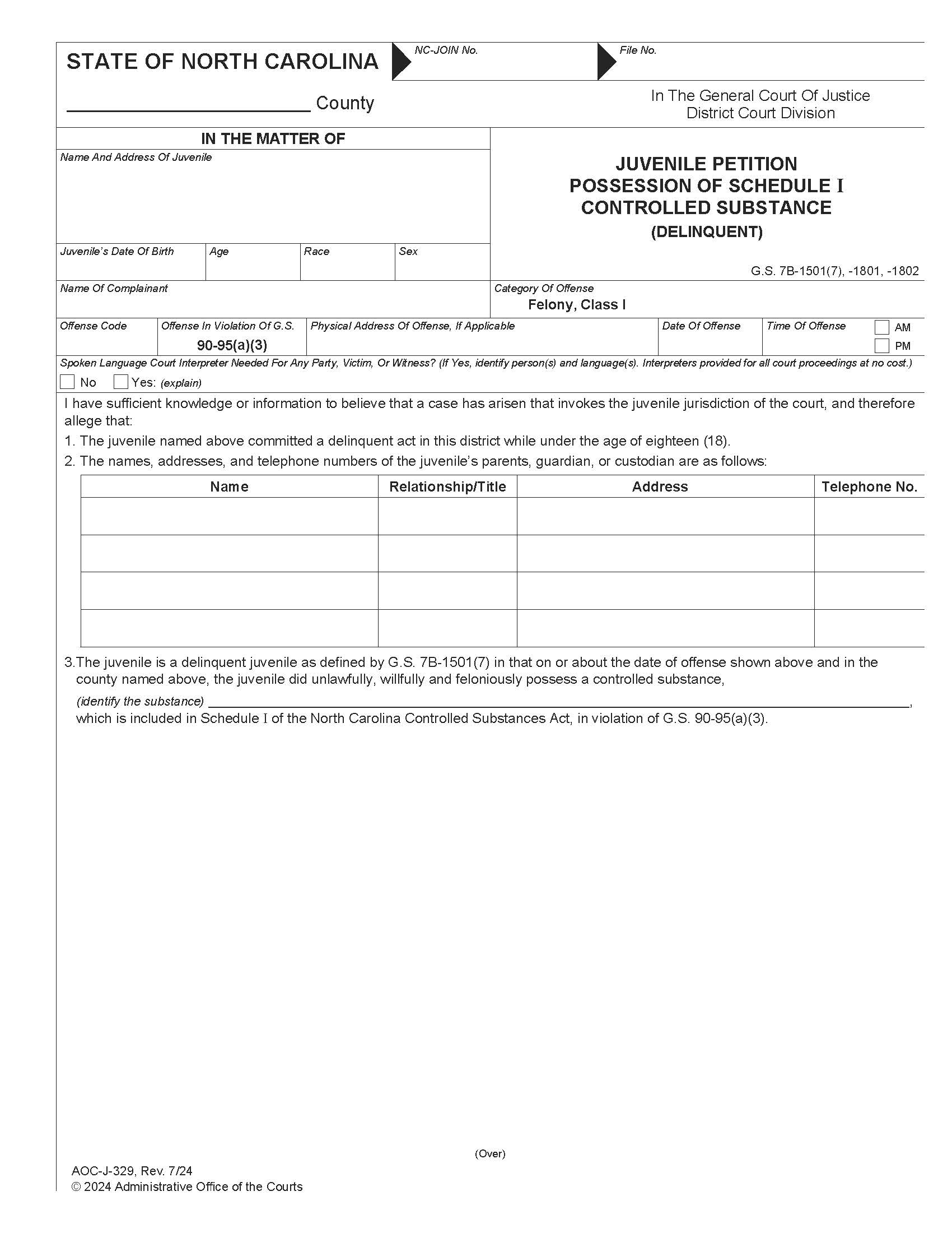 Juvenile Petition Possession Of Schedule I Controlled Substance Delinquent {J-329} | Pdf Fpdf Docx | North Carolina