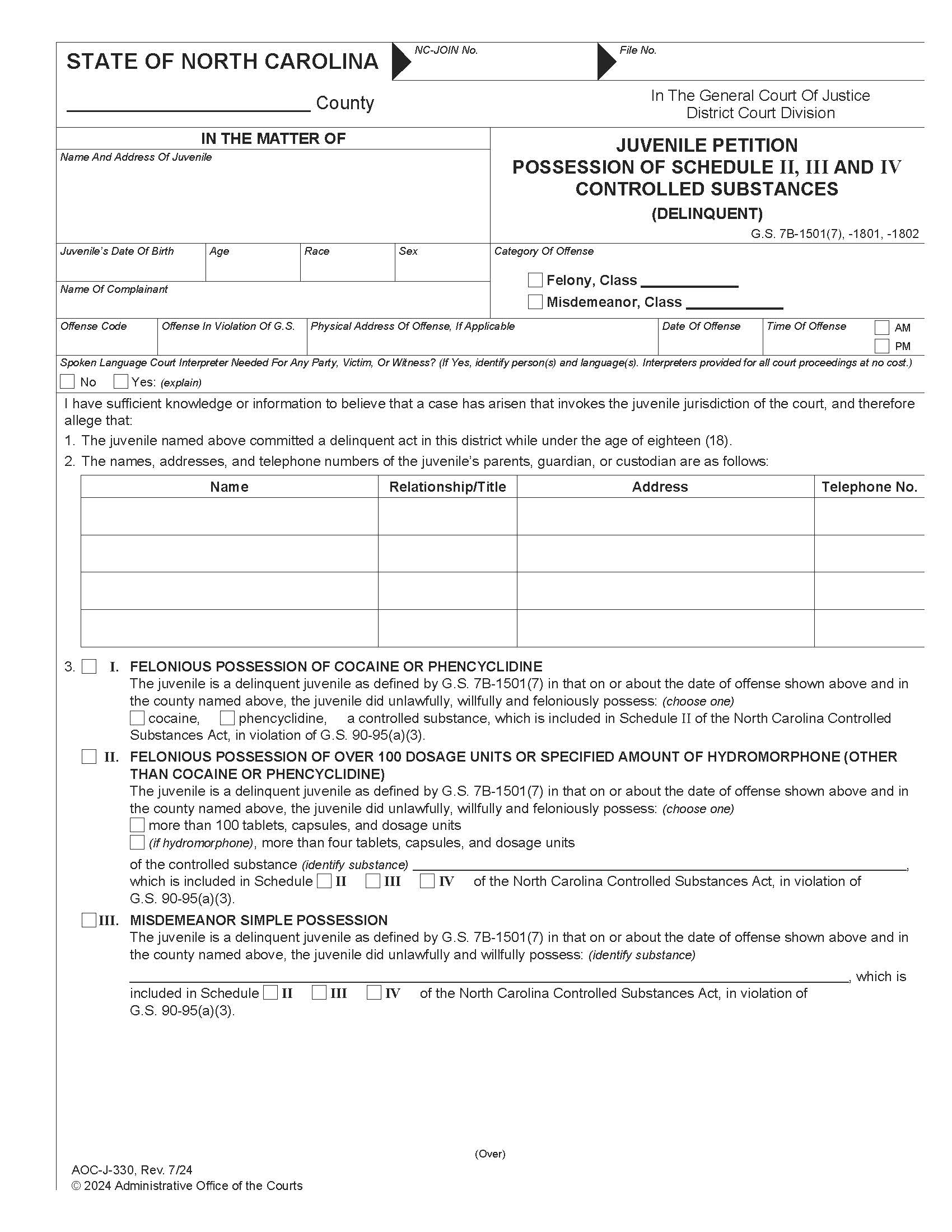 Juvenile Petition Possession Of Schedule II III And IV Controlled Substances Delinquent {J-330} | Pdf Fpdf Docx | North Carolina