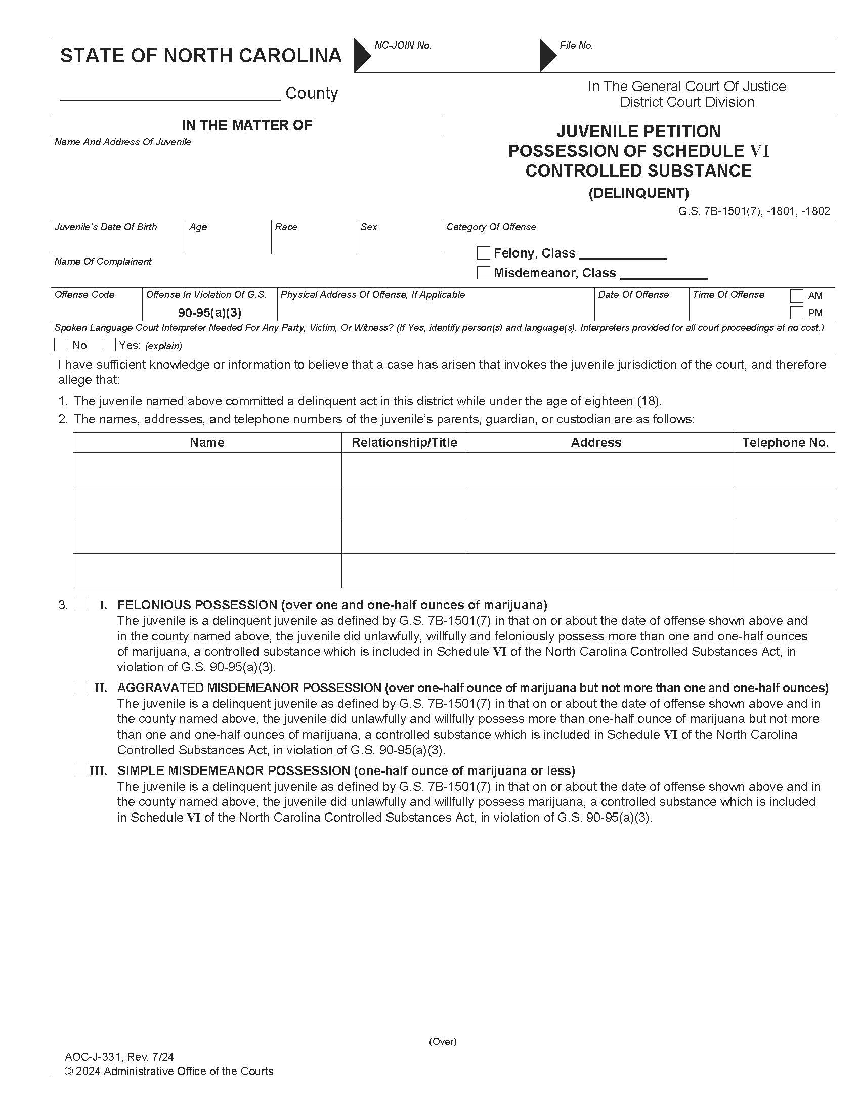Juvenile Petition Possession Of Schedule VI Controlled Substance (Delinquent) {J-331} | Pdf Fpdf Docx | North Carolina
