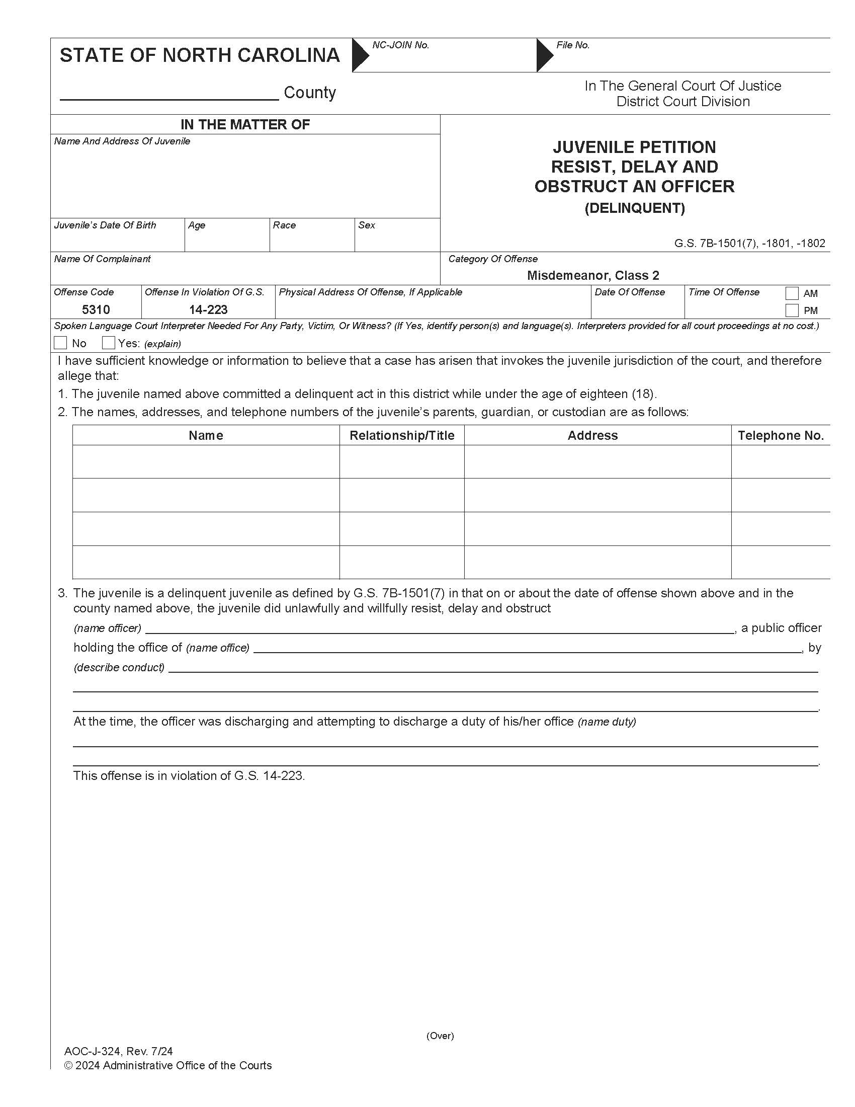 Juvenile Petition Resist Delay And Obstruct An Officer Delinquent {J-324} | Pdf Fpdf Docx | North Carolina