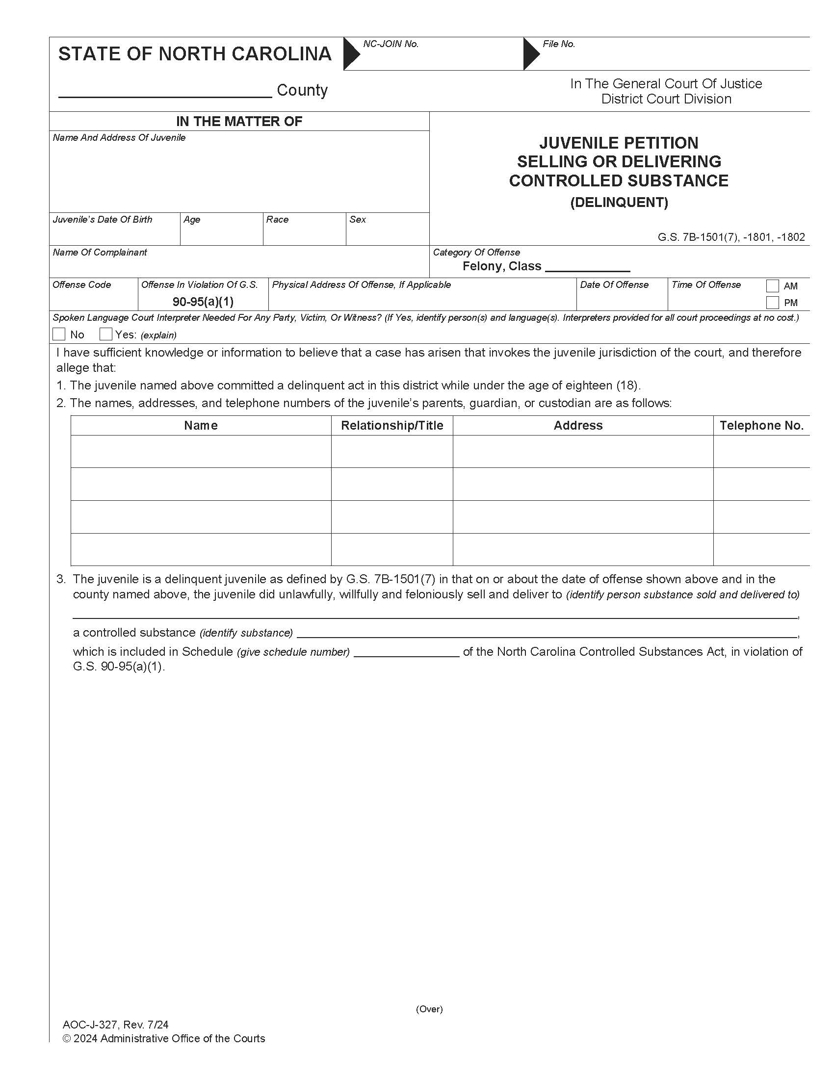 Juvenile Petition Selling Or Delivering Controlled Substance Delinquent {J-327} | Pdf Fpdf Docx | North Carolina