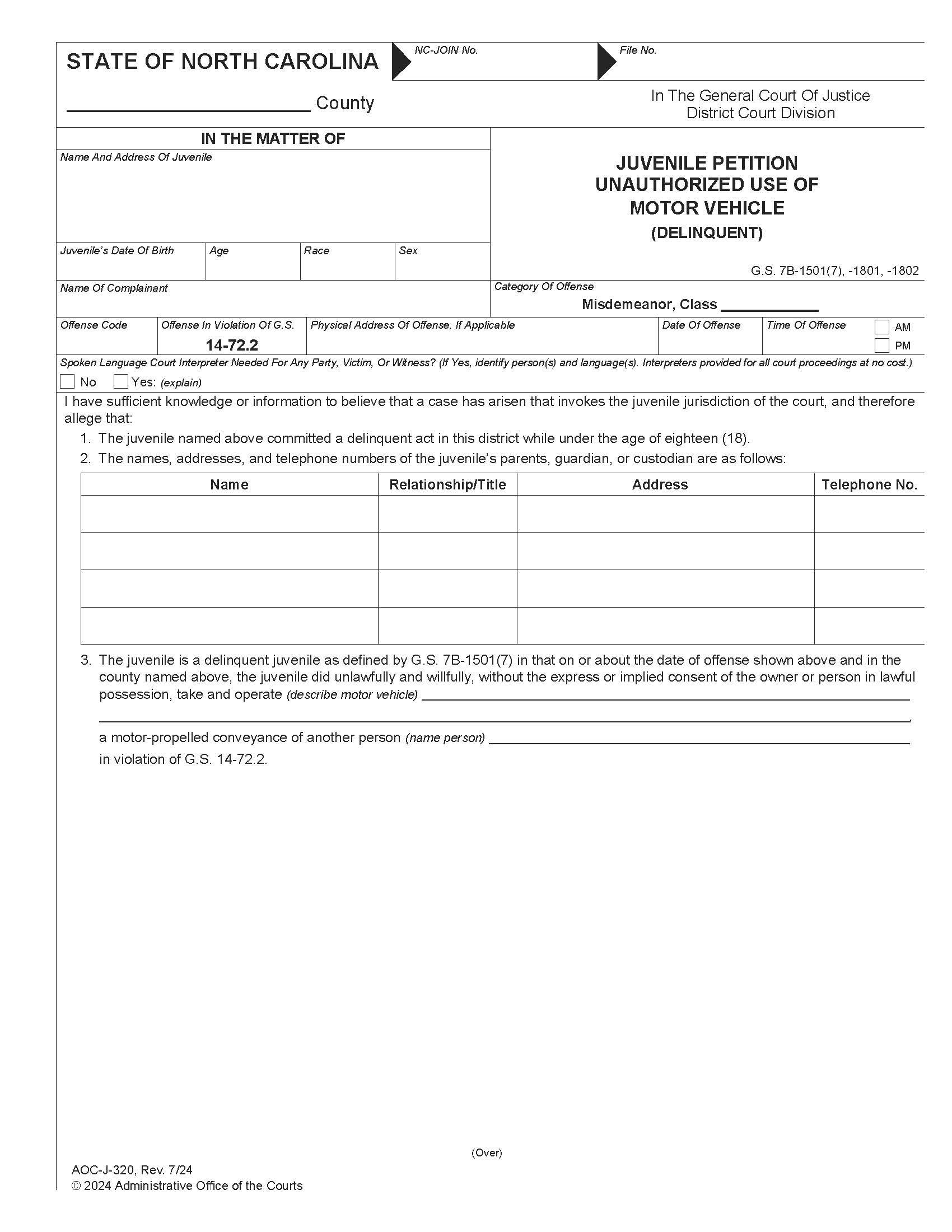 Juvenile Petition Unauthorized Use Of Motor Vehicle Delinquent {J-320} | Pdf Fpdf Docx | North Carolina