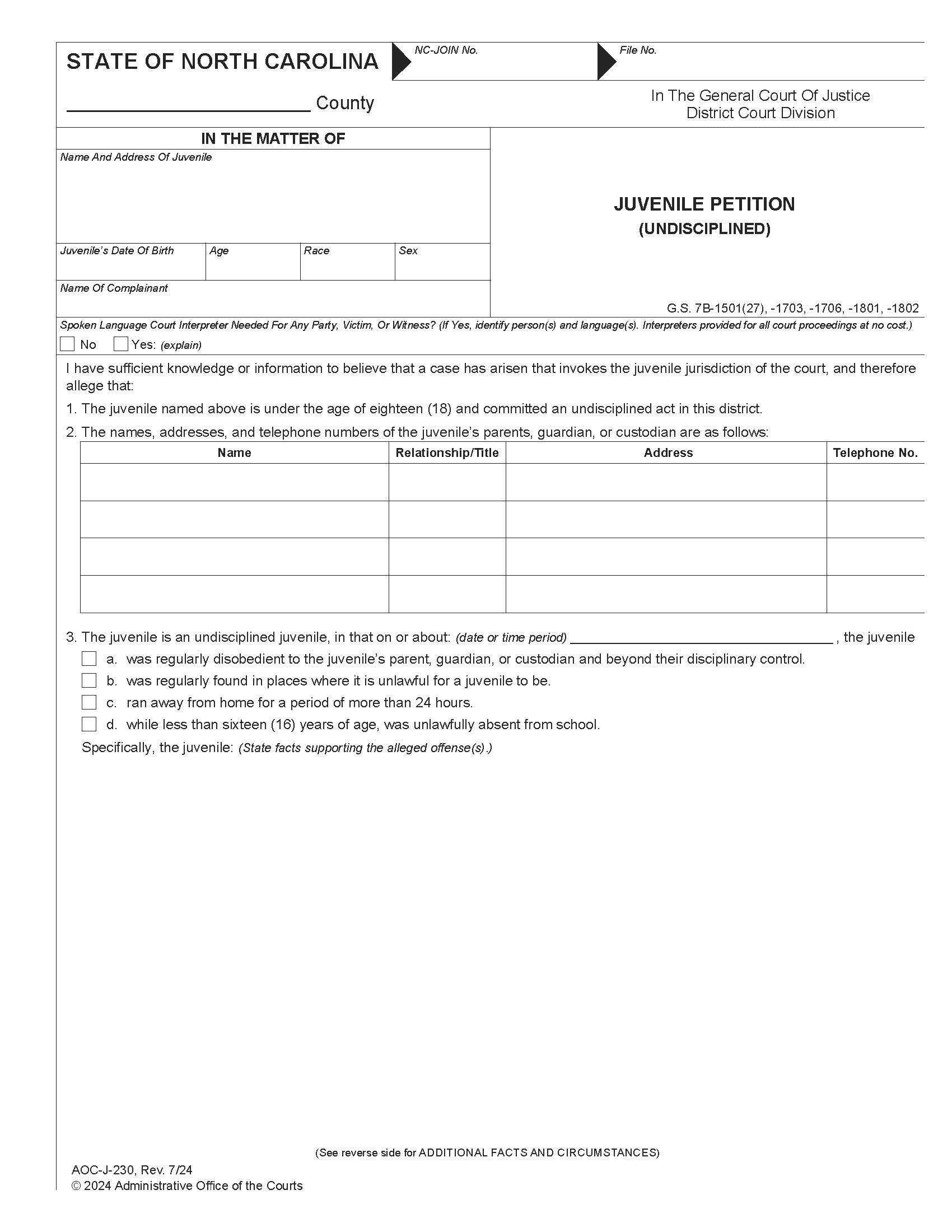 Juvenile Petition Undisciplined {J-230} | Pdf Fpdf Docx | North Carolina