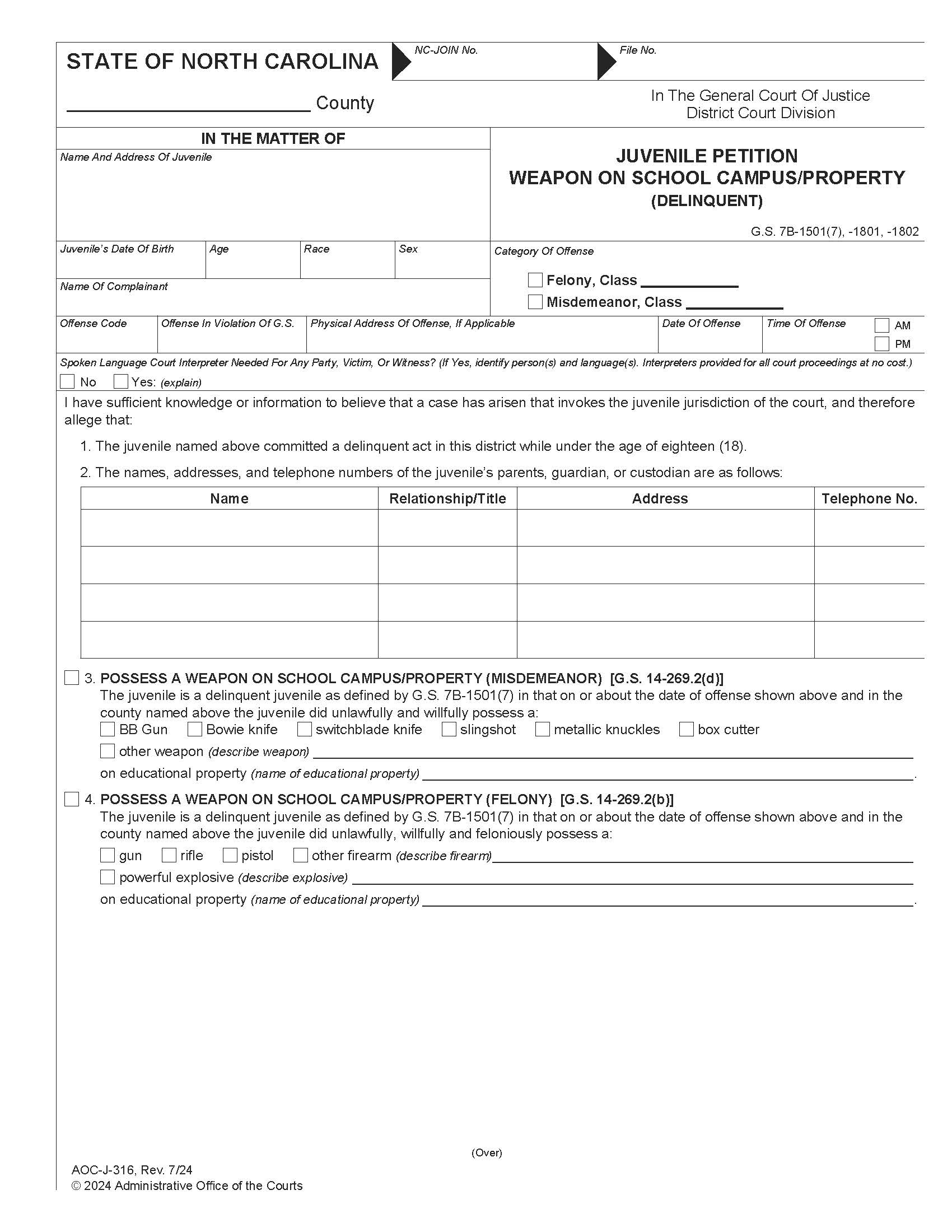 Juvenile Petition Weapon On School Campus Property Delinquent {J-316} | Pdf Fpdf Docx | North Carolina