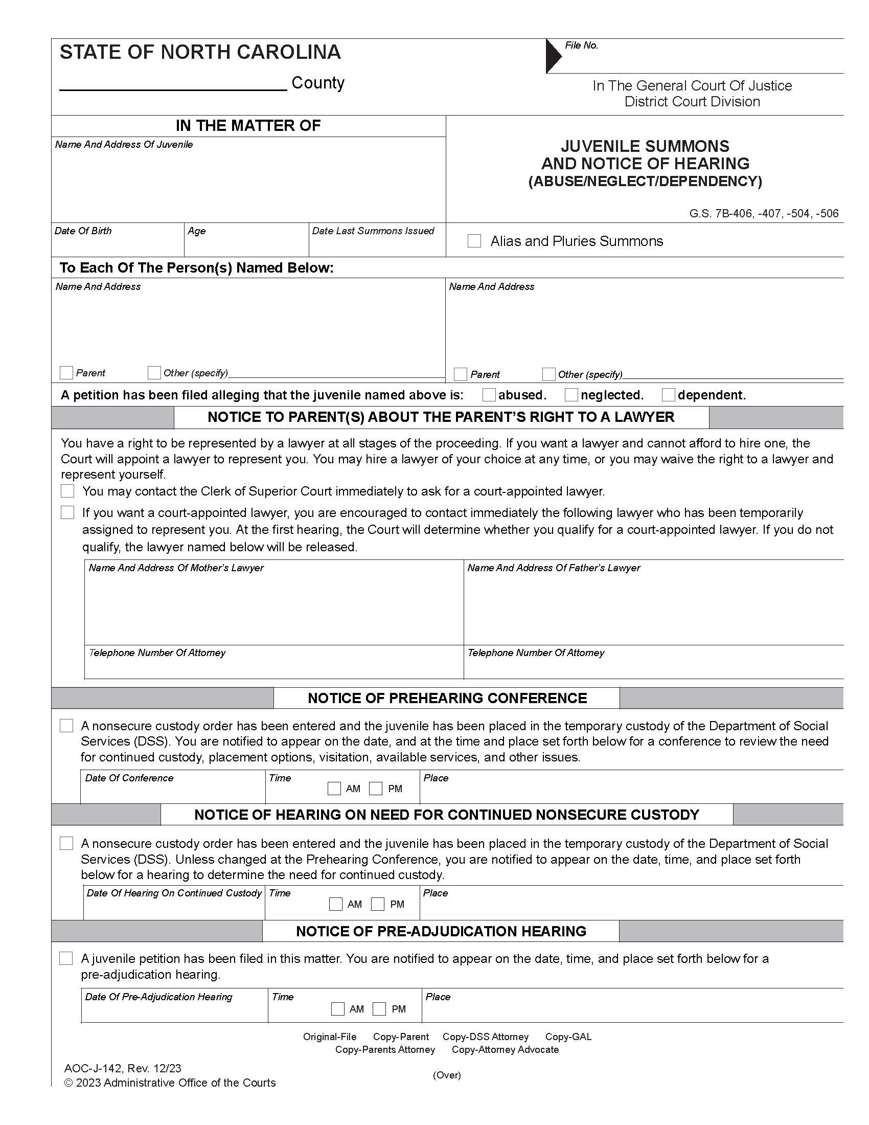 Juvenile Summons And Notice Of Hearing Abuse Neglect Dependency {J-142} | Pdf Fpdf Doc Docx | North Carolina