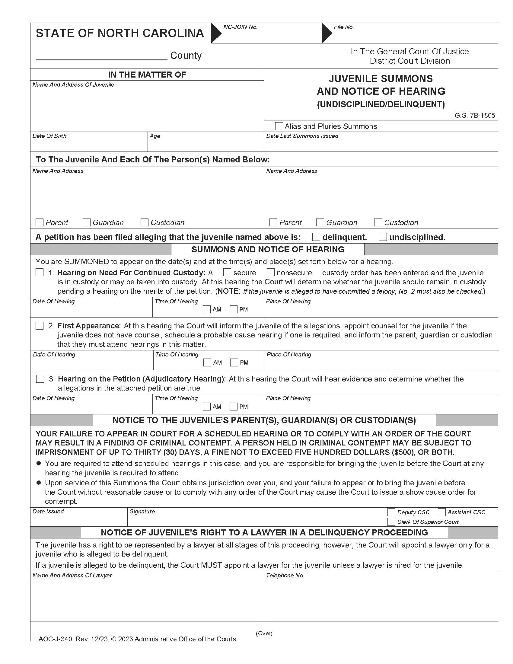 Juvenile Summons And Notice Of Hearing Undisciplined Delinquent {J-340} | Pdf Fpdf Docx | North Carolina