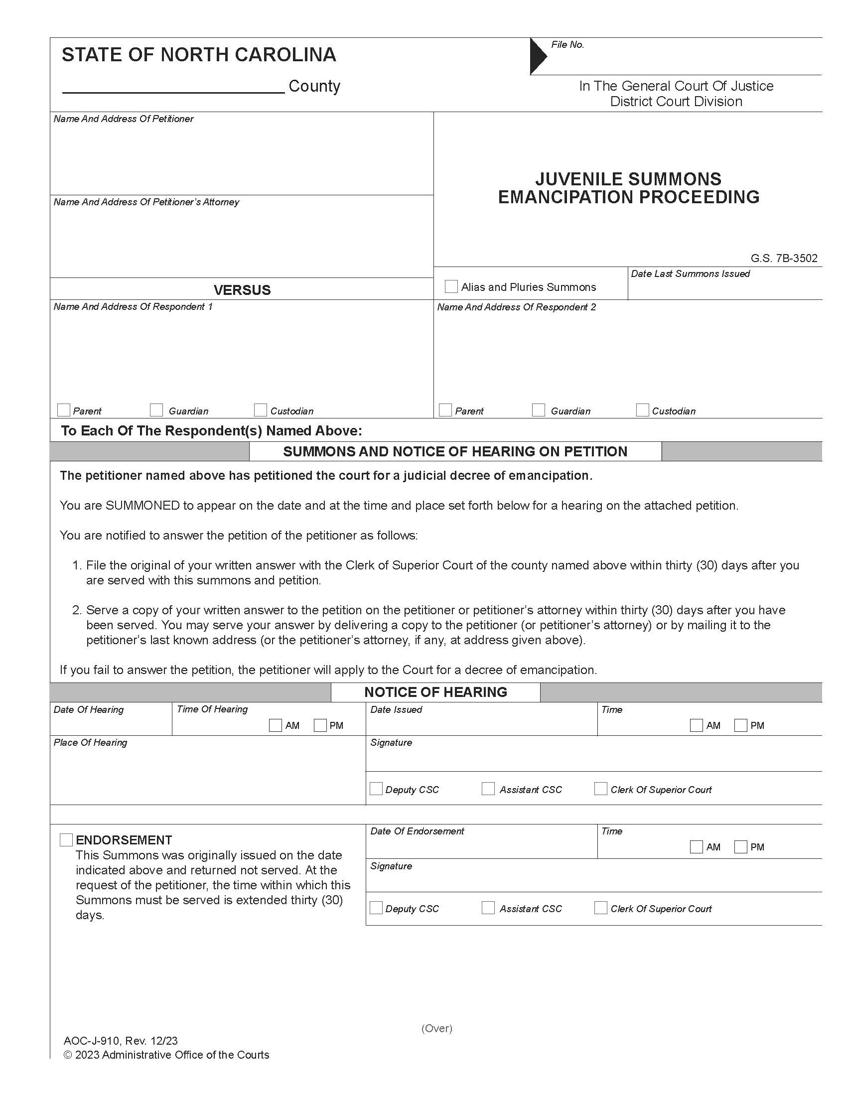 Juvenile Summons Emancipation Proceeding {J-910M} | Pdf Fpdf Doc Docx | North Carolina