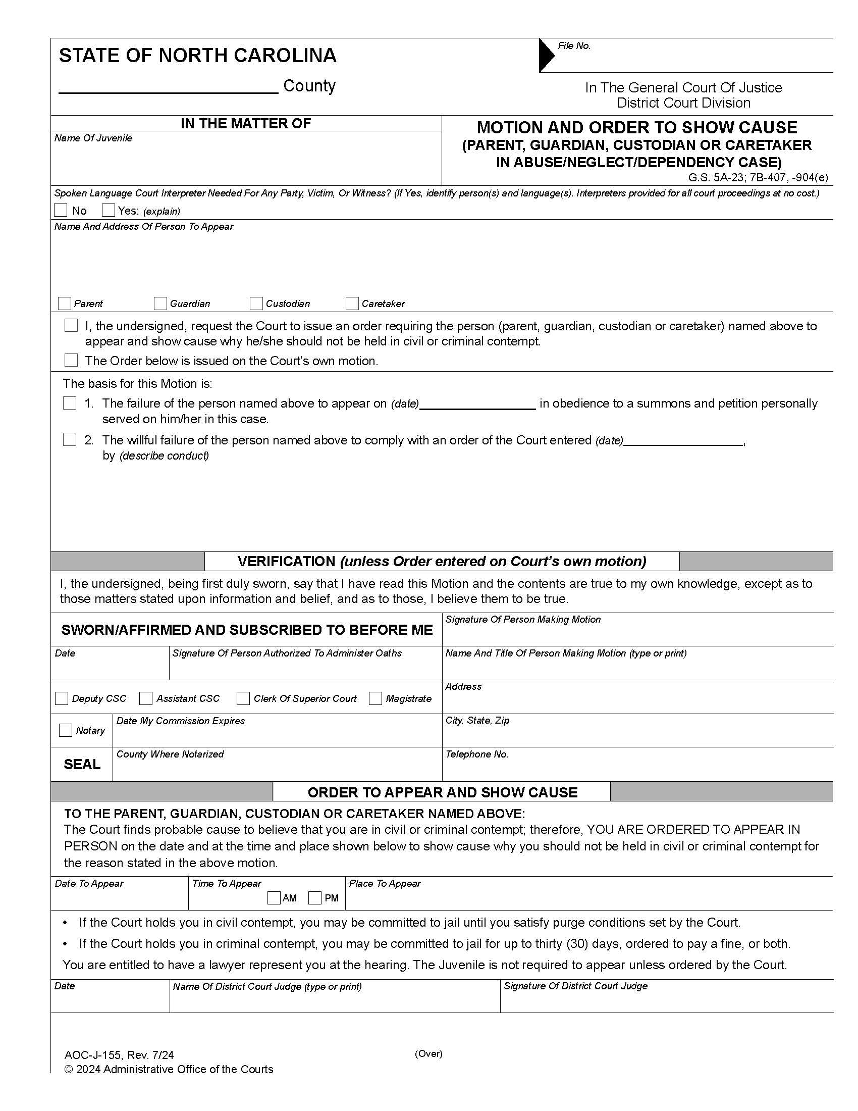 Motion And Order To Show Cause  {J-155} | Pdf Fpdf Doc Docx | North Carolina