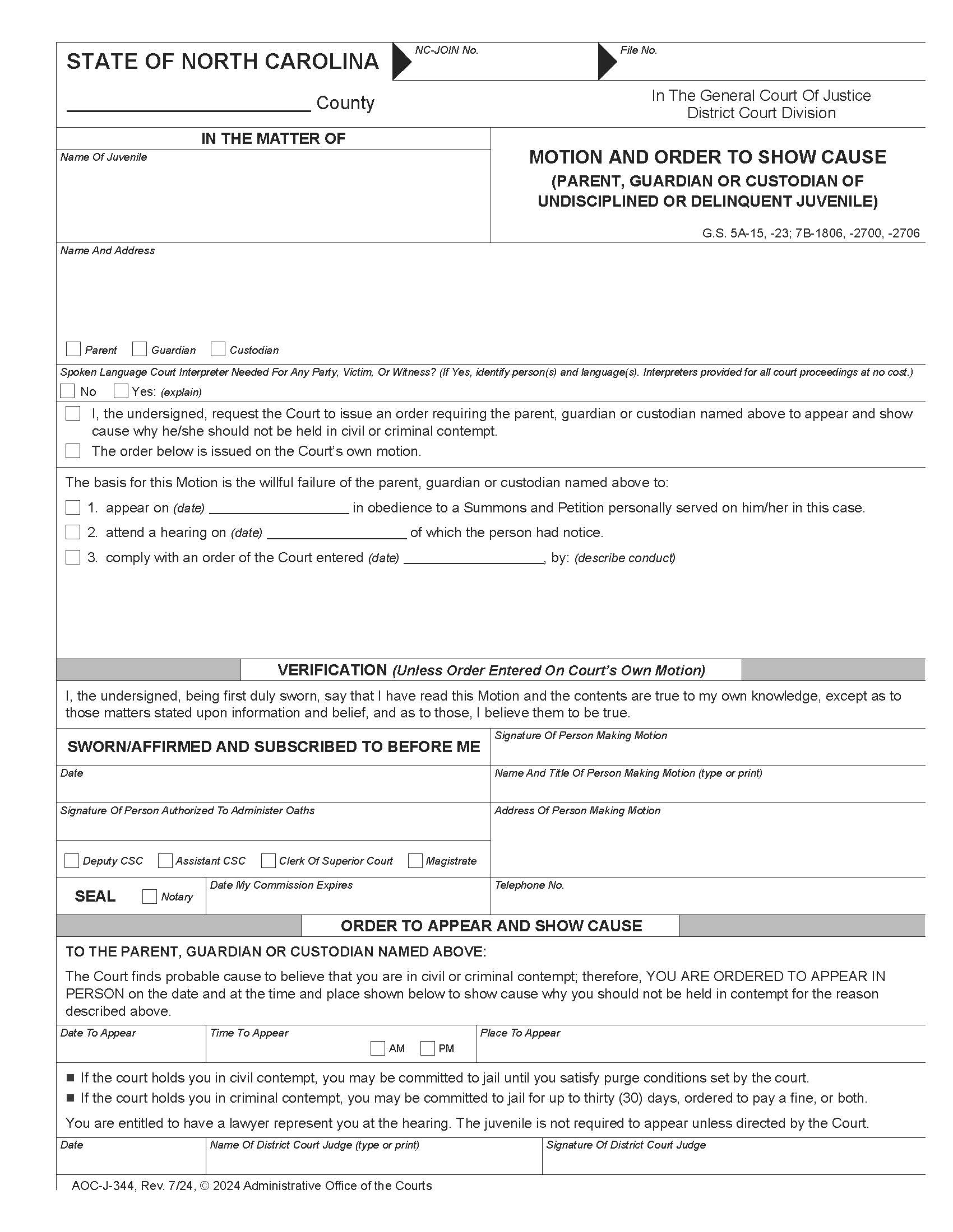 Motion And Order To Show Cause {J-344} | Pdf Fpdf Docx | North Carolina