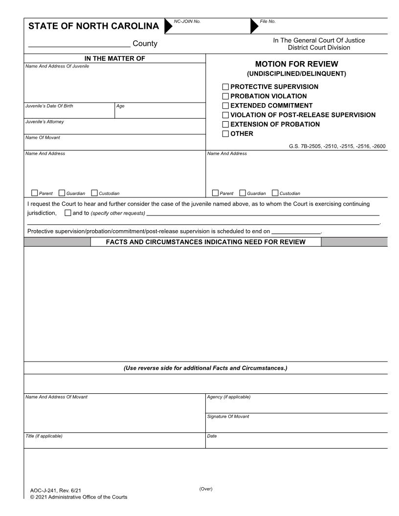 Motion For Review Undisciplined Delinquent Probation Violation Extended Commitment Revocation Of Post Release Supervision Other {J-241} | Pdf Fpdf Docx | North Carolina