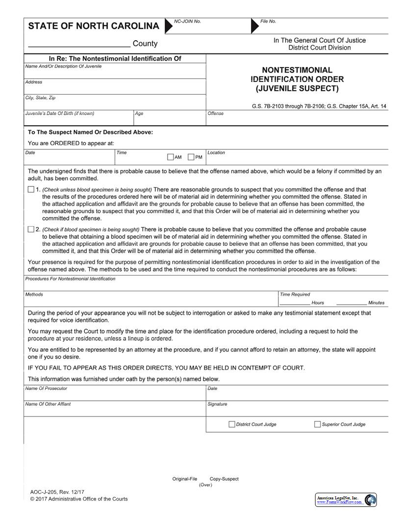 Nontestimonial Identification Order Juvenile Suspect {J-205} | Pdf Fpdf Docx | North Carolina