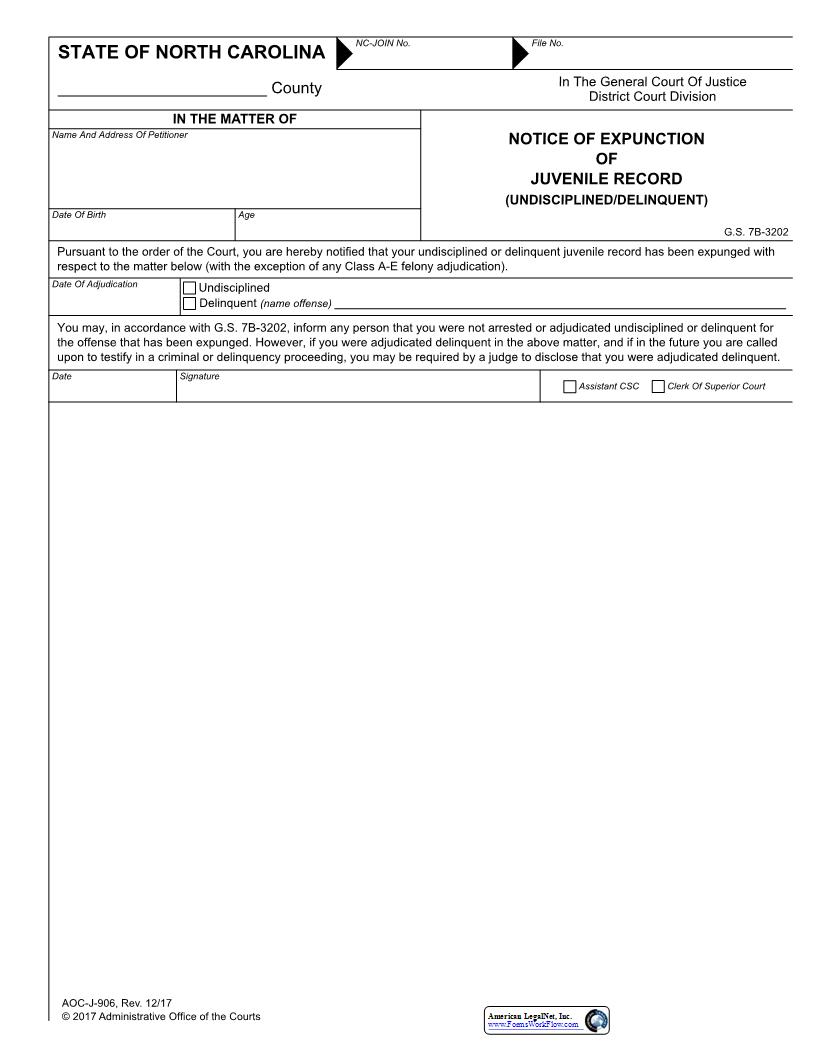 Notice Of Expunction Of Juvenile Record {J-906M} | Pdf Fpdf Docx | North Carolina