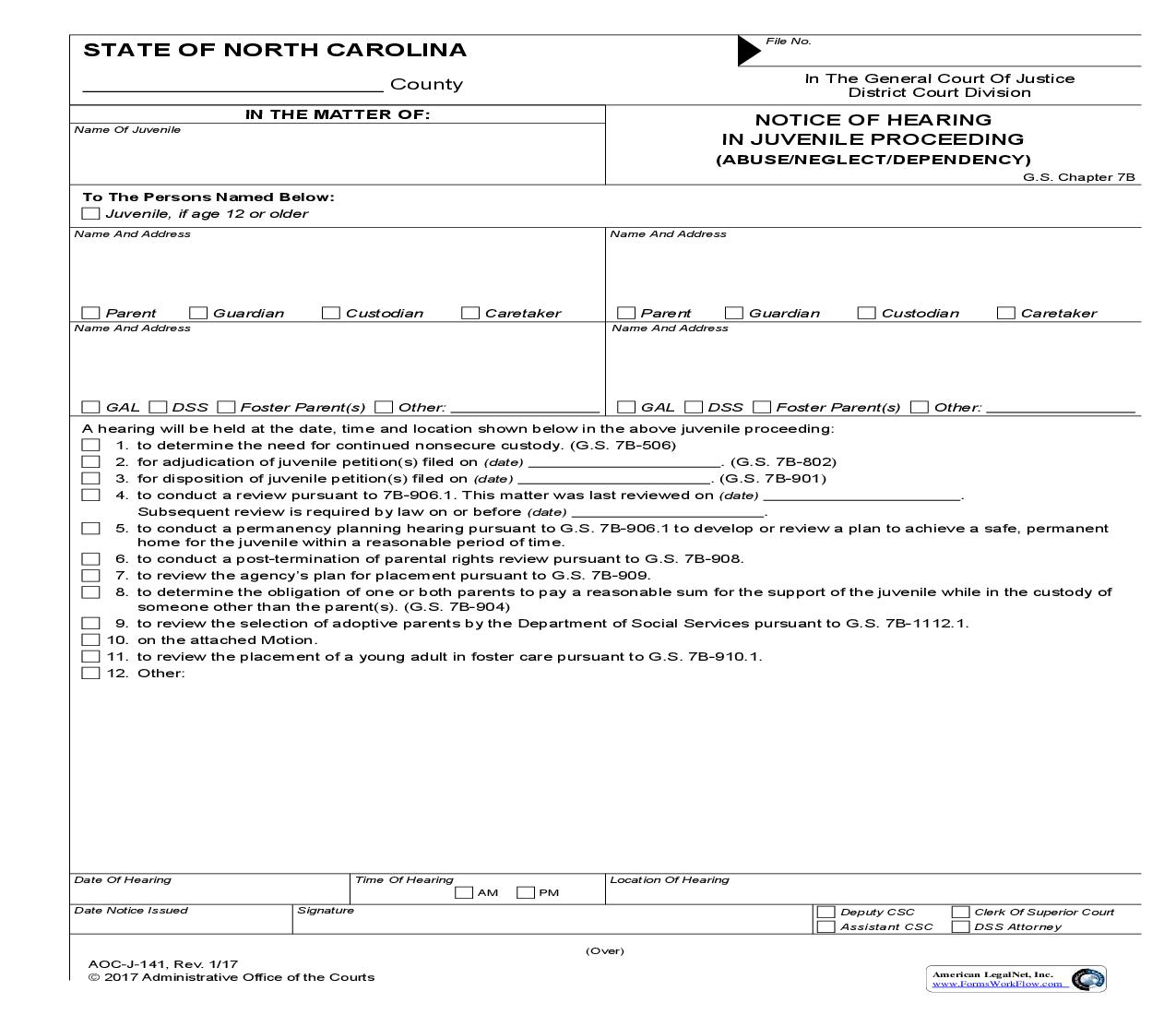Notice Of Hearing In Juvenile Proceeding Abuse Neglect Dependency {J-141} | Pdf Fpdf Doc Docx | North Carolina