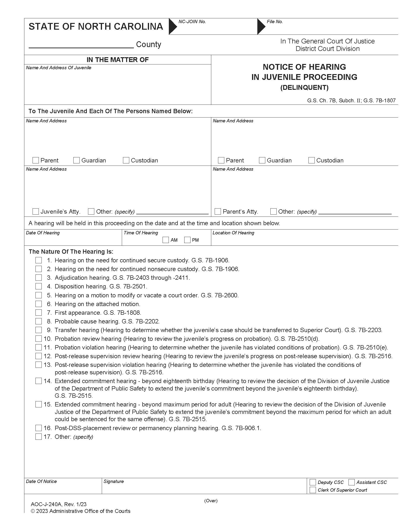 Notice Of Hearing In Juvenile Proceeding Delinquent{J-240A} | Pdf Fpdf Docx | North Carolina