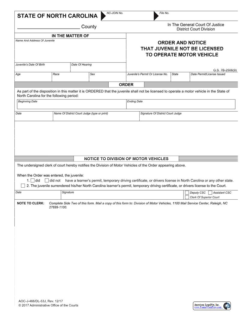 Order And Notice That Juvenile Not Be Licensed To Operate Motor Vehicle {J-466} | Pdf Fpdf Docx | North Carolina